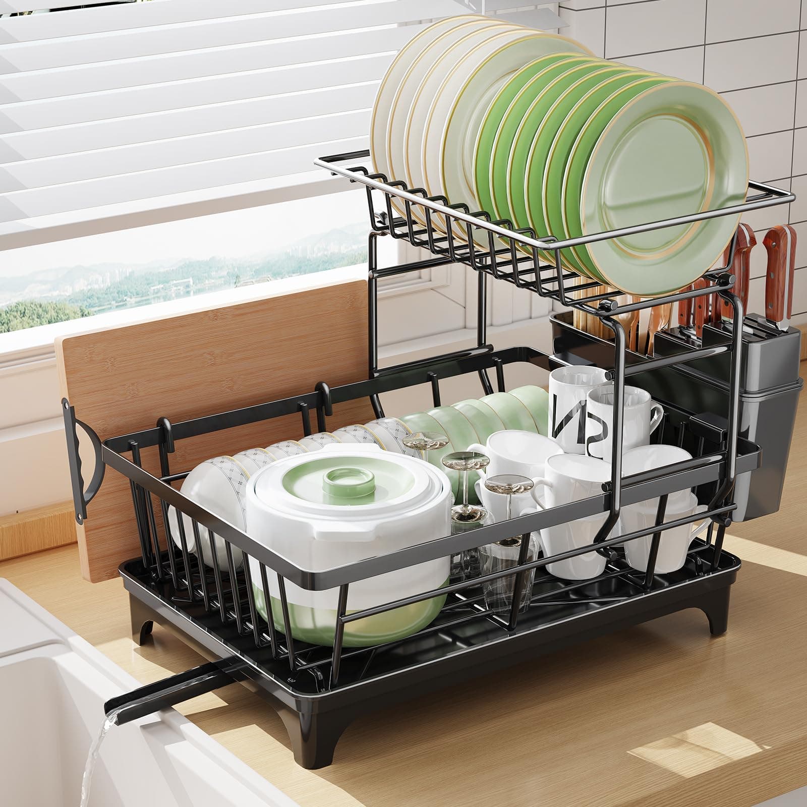 2 Tier Dish Drainer Rack, Space Saving Draining Board Rack for Kitchen Counter, Rustproof Sink Drainer Racks with Utensil & Cutting Board Holder, Multifunctional Kitchen Dish Drying Rack, Black