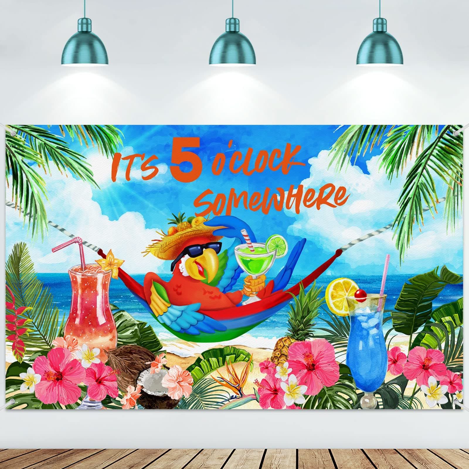 It's 5 O' Clock Somewhere Summer Backdrop Tropical Parrot Banner Beach Hawaii Decoration Polyester Background Nautical Cocktails Drinks Bar Party Supplies Holiday Photo Booth Prop Indoor Outdoor
