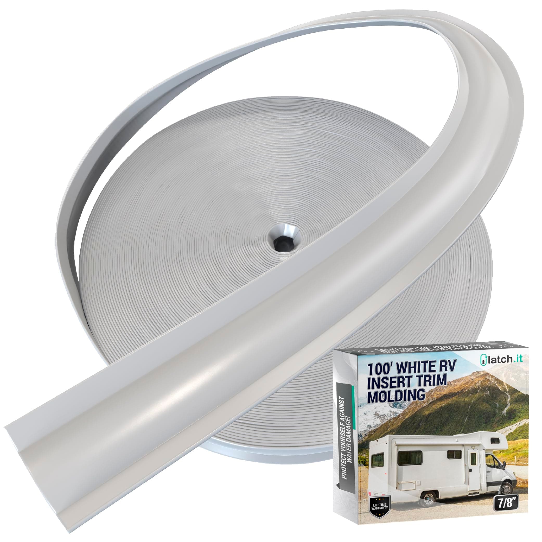 LATCH.IT 7/8" White RV Trim Molding Insert | 100-Foot RV Molding Exterior | UV‑Resistant & Durable RV Vinyl Trim Insert | Vinyl RV Trim | Weatherproof & Flexible RV Rubber Seal Strip For RVs & Campers