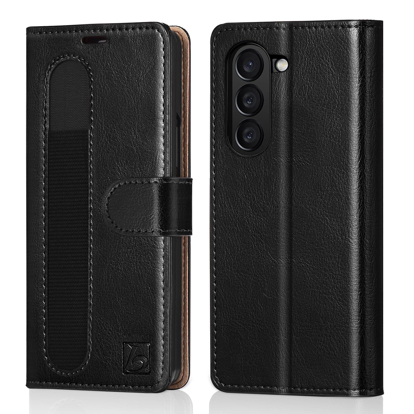 Belemay Case Compatible with Samsung Galaxy Z Fold 5 with S Pen Holder, Card Holder Slots-Genuine Leather Wallet Case RFID Blocking Protective Flip Folio Cover-Black