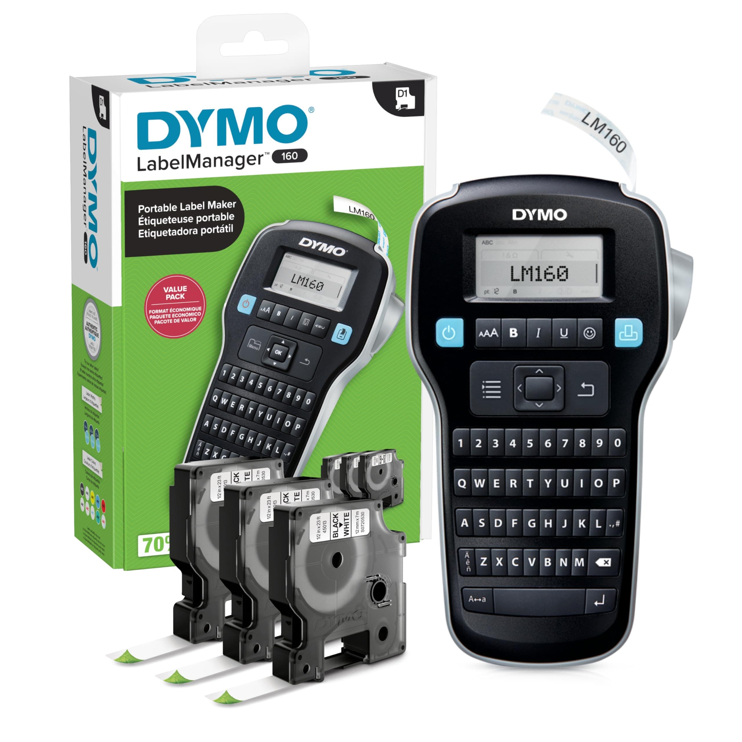 DYMO LabelManager 160 Portable Label Maker Bundle, Easy-to-Use, One-Touch Smart Keys, QWERTY Keyboard, Large Display, For Home & Office Organization, Includes 3 D1 label cassettes