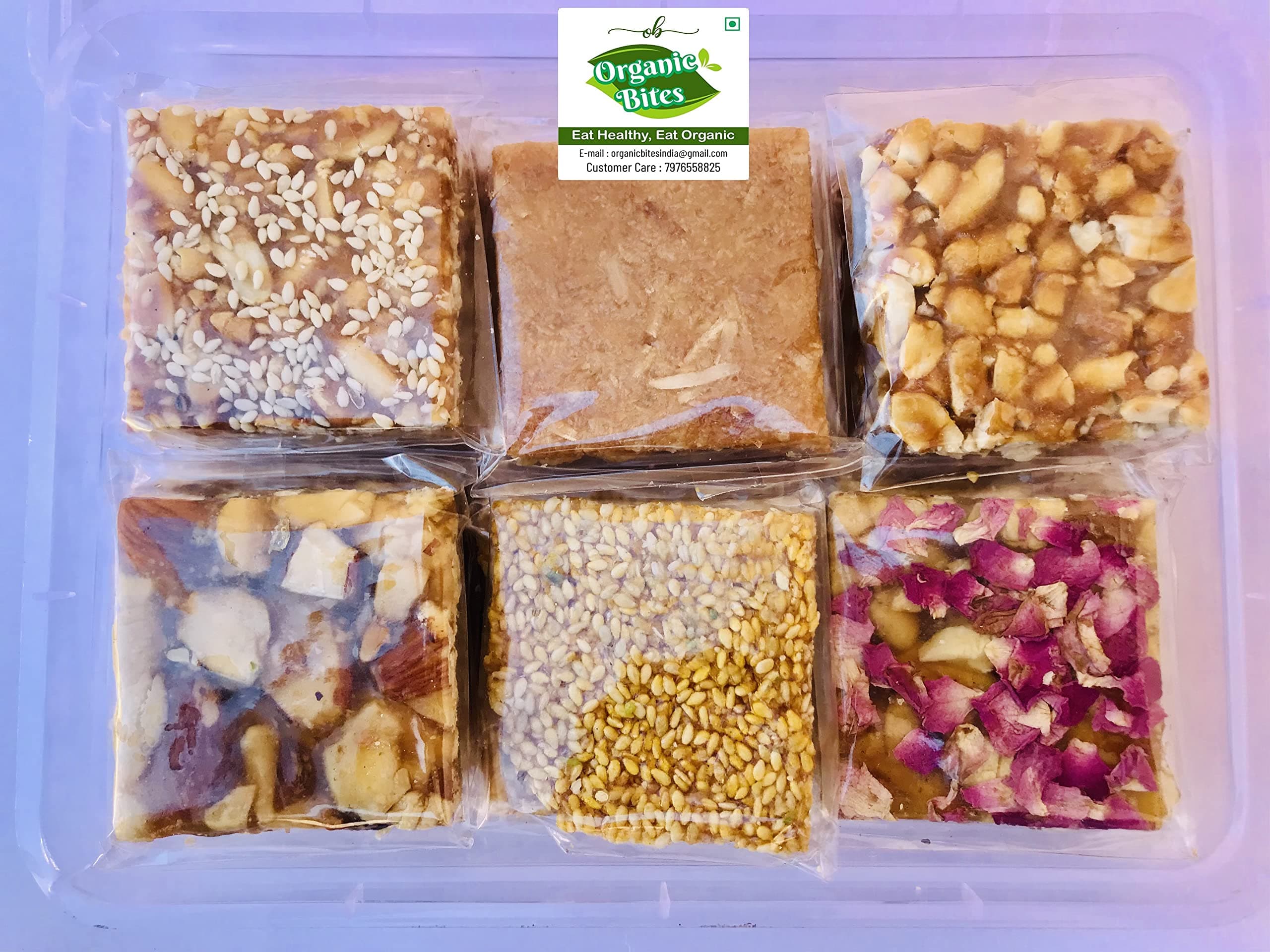 Organic Bites Assorted Premium 6 in 1 Chikki Box - Dry Fruit Chikki, Rose Petal Cashewnut (Kaju) Chikki,Sesame Seed (Til) Chikki, Peanut & Jaggery Chikki, Peanut & Sesame Seed (Til) Chikki and Coconut Chiki (Chikki Combo Pack of 6 in 1) -500 gm