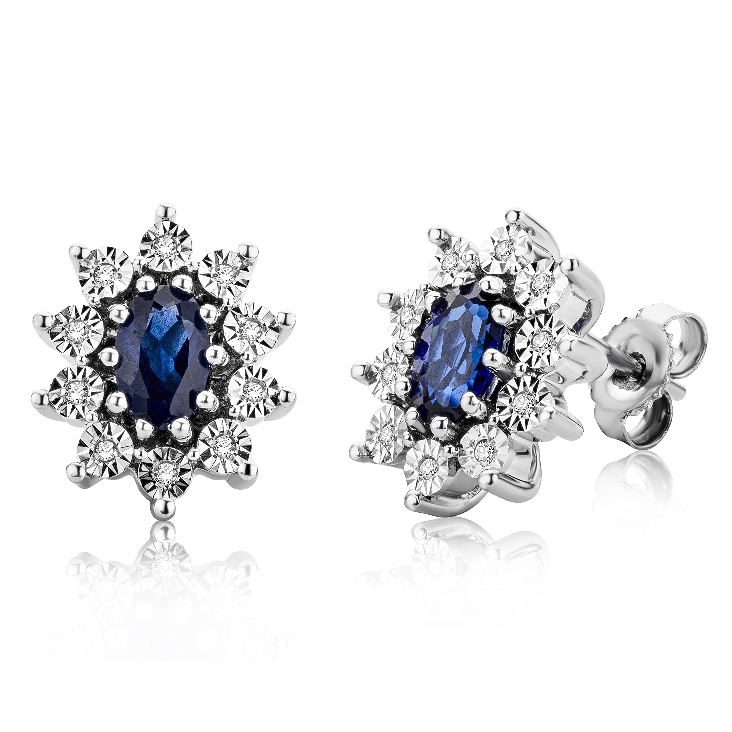 MIOREDiamond and blue Sapphire stud earrings cluster setting in 925 Sterling Silver 13 x 10 mm handmade, skin friendly, gift box included