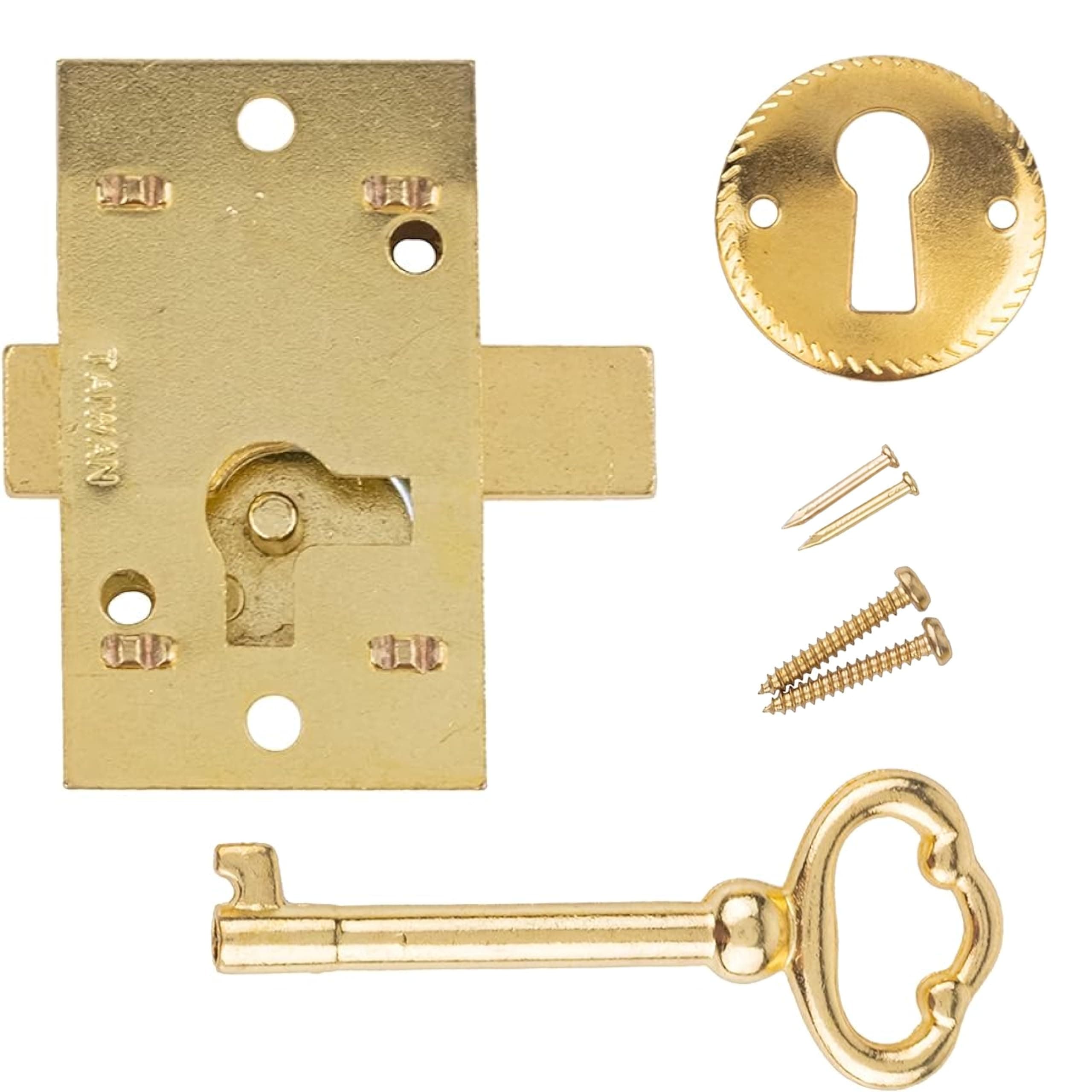 Small Brass Plated Flush Mount Cabinet Door Lock with Key - 1" Wide x 1 3/4" High - Vintage Lock and Key for Furniture Doors and Drawers | UA-030-LPB