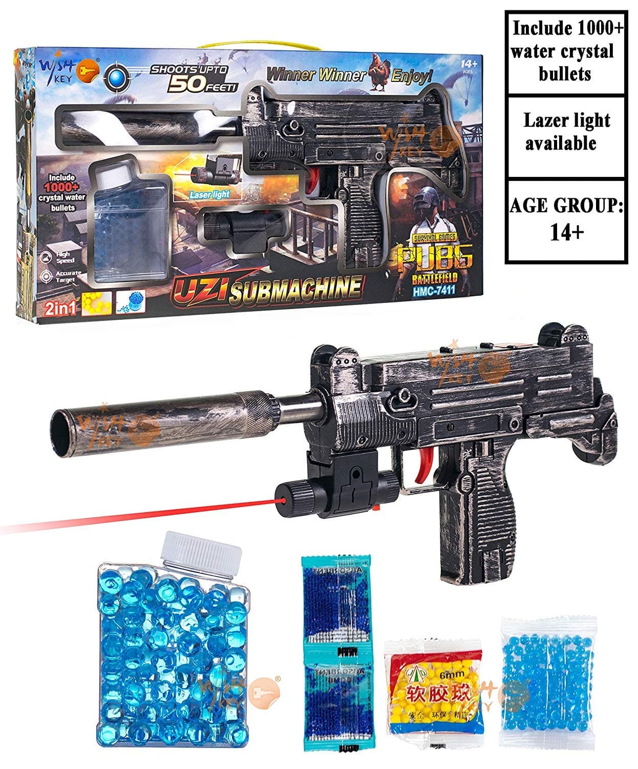 Junos PUBG Theme Uzi Submachine 2 in 1 Gun Toy Set with 1000+ Crystal Water & Soft Foam Bullet Balls,Target Shooting Role Play Game for Kids
