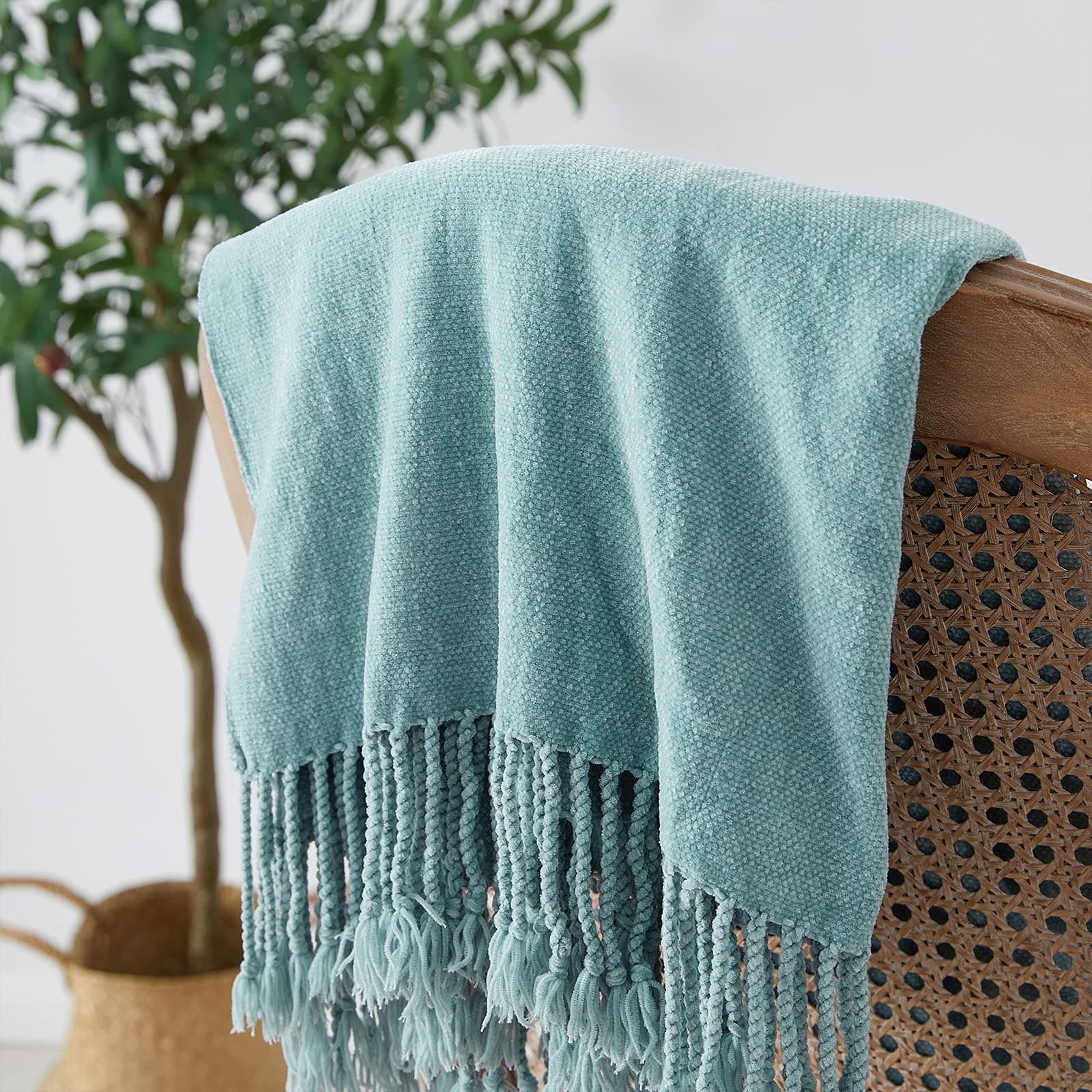BOURINA Chenille Throw Blanket with Decorative Fringe for Couch Sofa Chair,Light Blue,127x152cm