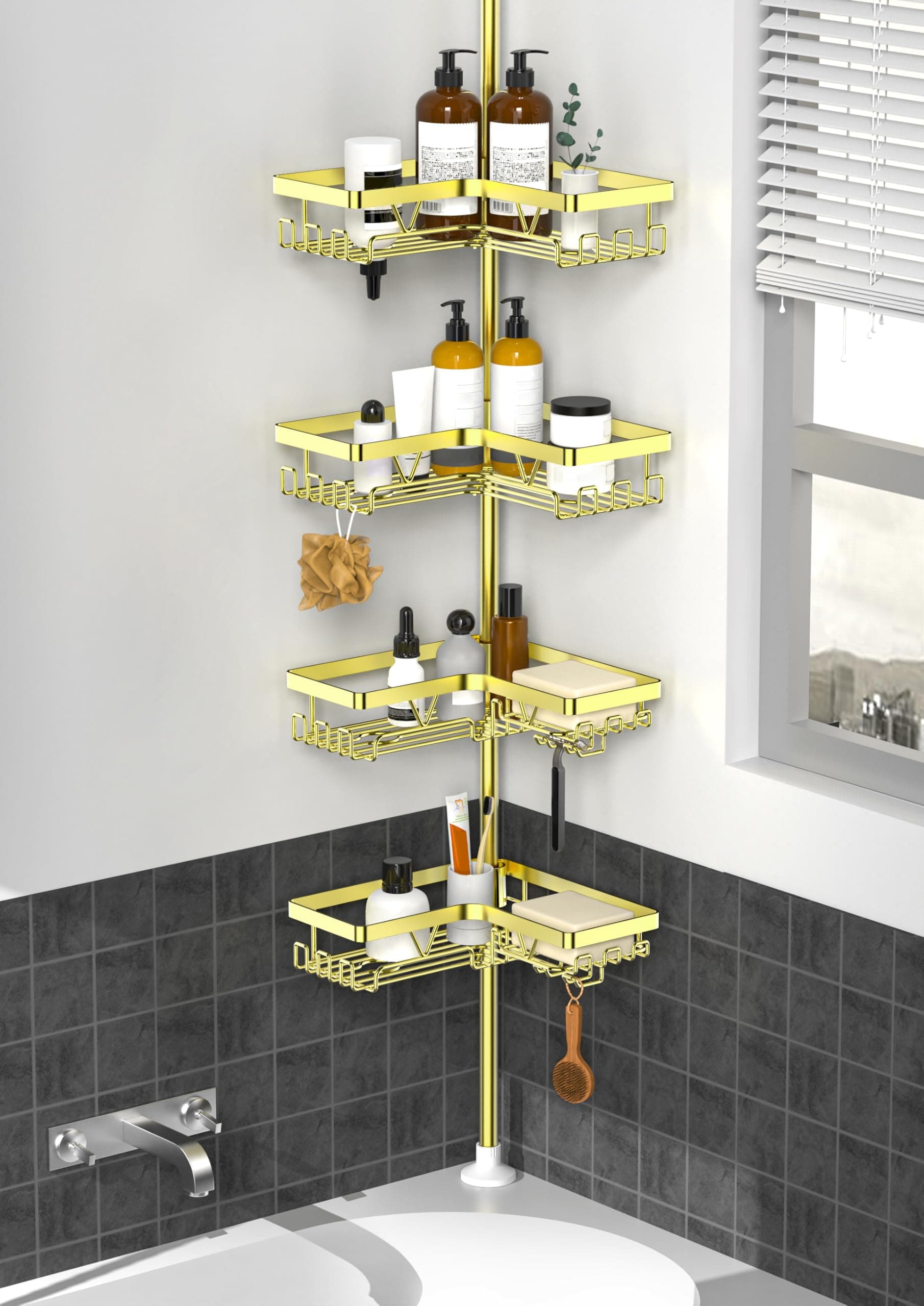 Corner Gold Shower Caddy Tension Pole - 4-Tier Rustproof Shower Rod Organizer, Floor to Ceiling Tension Rod 25-114.2 inch, Stainless Steel Corner Shower Shelf, Waterproof