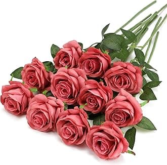 Pink Fake Roses Artificial Flowers - 10 Pcs Fake Artificial Roses Silk Flowers with Stems for Home Wedding Hotel Office Centerpiece Decor（Coral Pink）