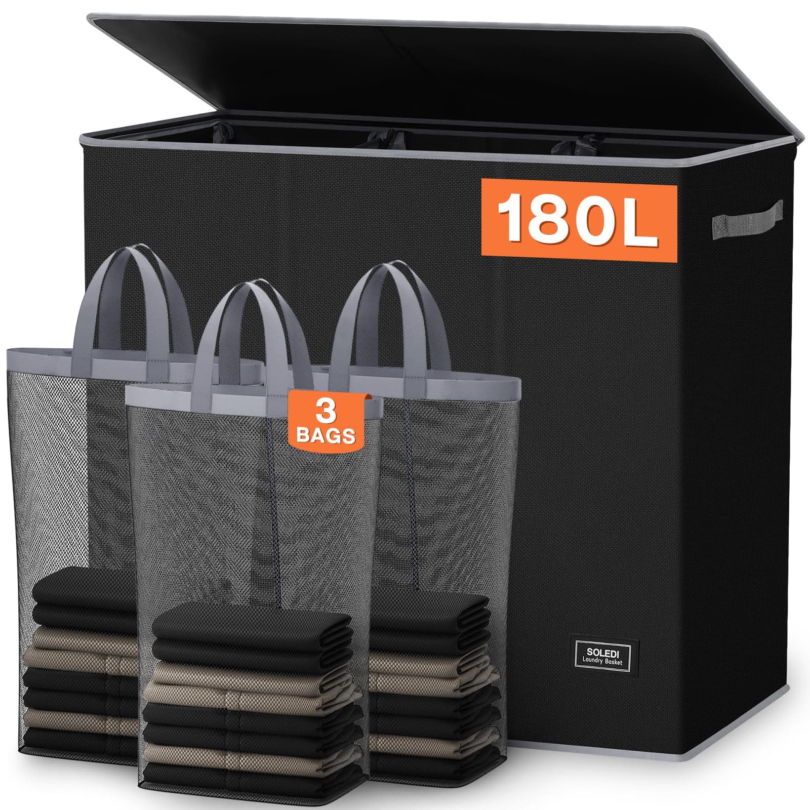 SOLEDI Laundry Hamper 3 section with lid and 3 Pcs Laundry Bag, Large Hamper 3 compartment 180L, Laundry Basket Laundry sorter Clothes hamper for Laundryroom Bedroom Blanket Storage Organizer-Black