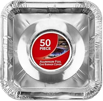 Gas Burner Liners (50 Pack) Disposable Aluminum Foil Square Stove Burner Covers - 8.5 Inch Gas Range Protector Bibs Keep Stove Clean - Foil Liners to Catch Oil, Grease and Food Spills