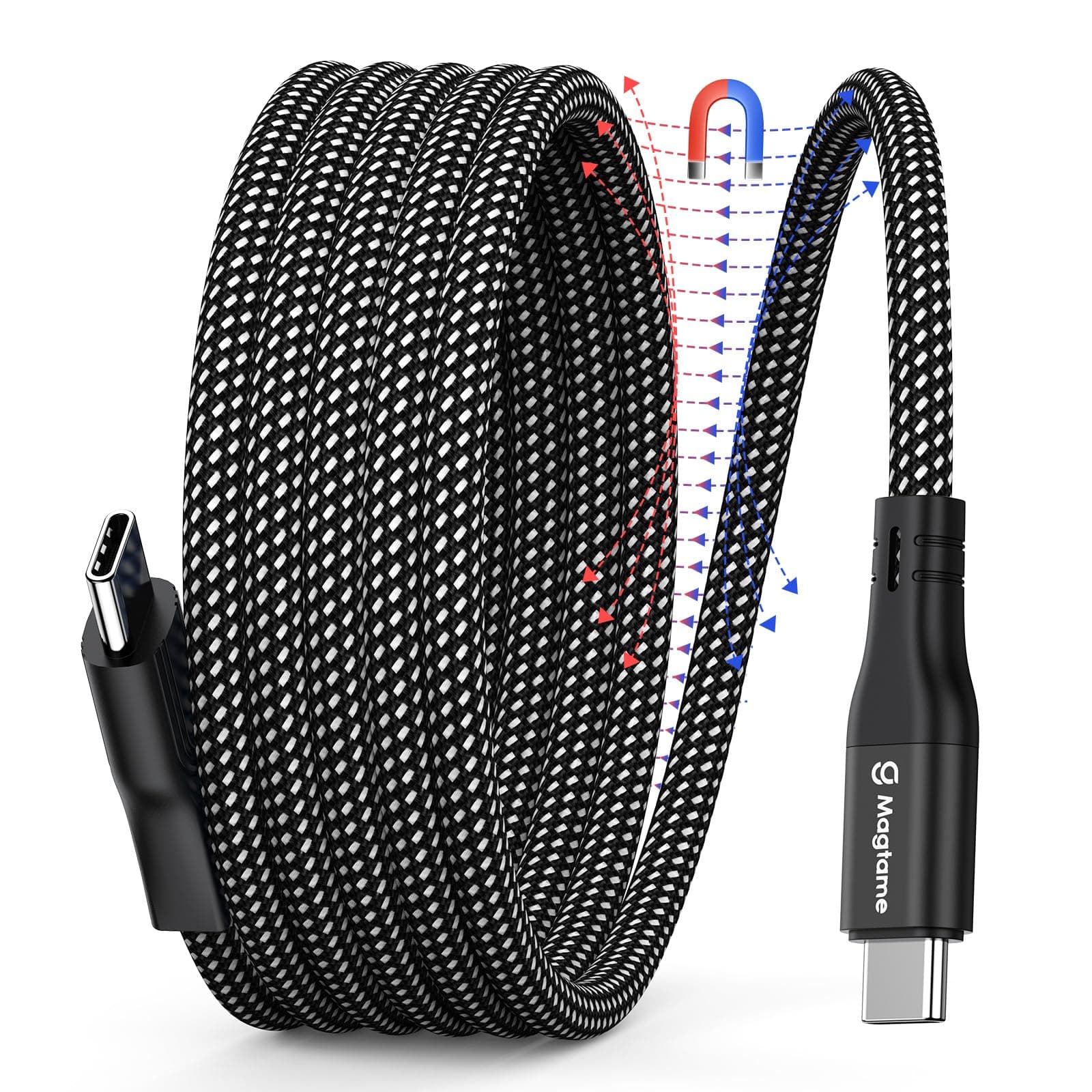Magnetic USB C Cable, Coiled USB C to USB-C Cable 60W(3A), 1M Retractable USBC Cord, Nylon Braided Type C Fast Charging Cables Compatible with iPhone 15 16,for Samsung,Pad,USBC Device, Black