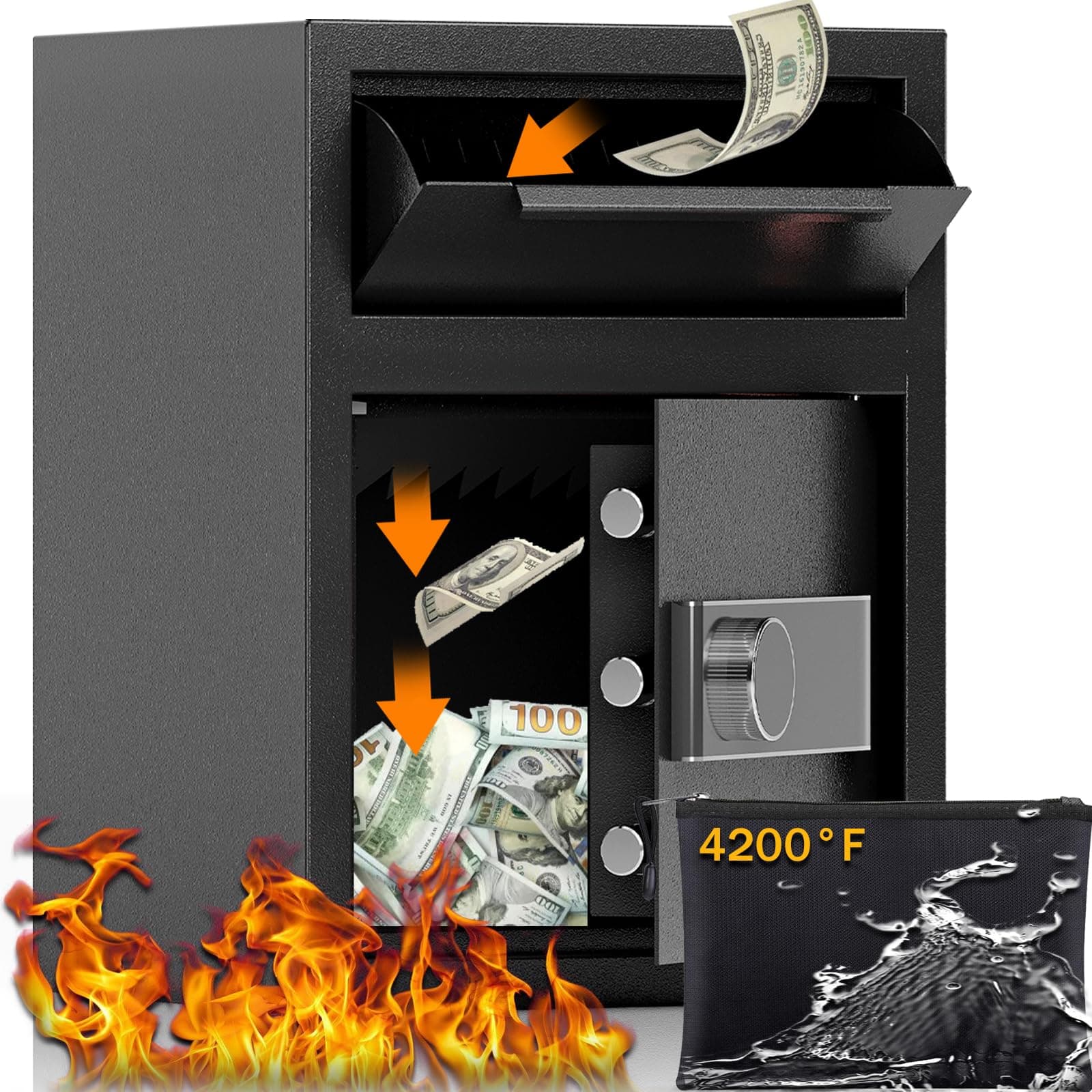1.8 CUB Depository Drop Safe Fireproof, Front Drop Slot Lock Box with Digital Combination and Anti-Fishing, Silent Deposit Safe Box, Security Money Safe for Cash Slips Expense Business Office Home