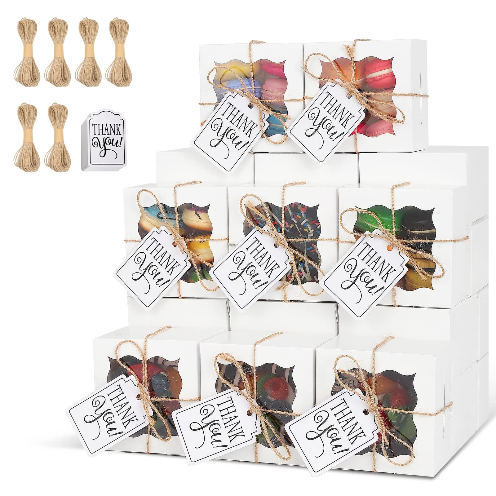KPOSIYA 60 Pcs White Bakery Boxes with Window 4x4x2.5 Inches Cookie Boxes Kraft Paper White Gift Box for Pastries, Cookies, Pie, Donuts, Macaron, Small Box with Twine and Thank You Tag