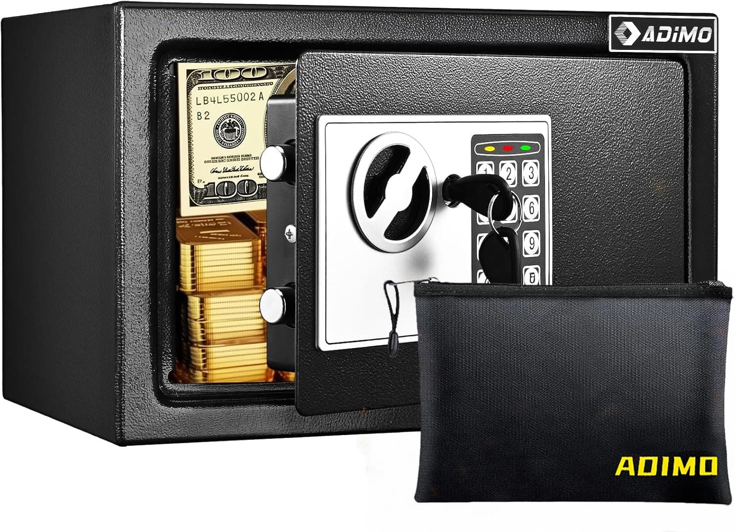 - ADIMO Safe Box for College Dorm Room with Fireproof Waterproof Bag, Money Safe with Keys & Pass Code & Wall Mount Kits, Hidden Home Safe for Money, Jewelry, and Documents-0.5 Cubic Feet