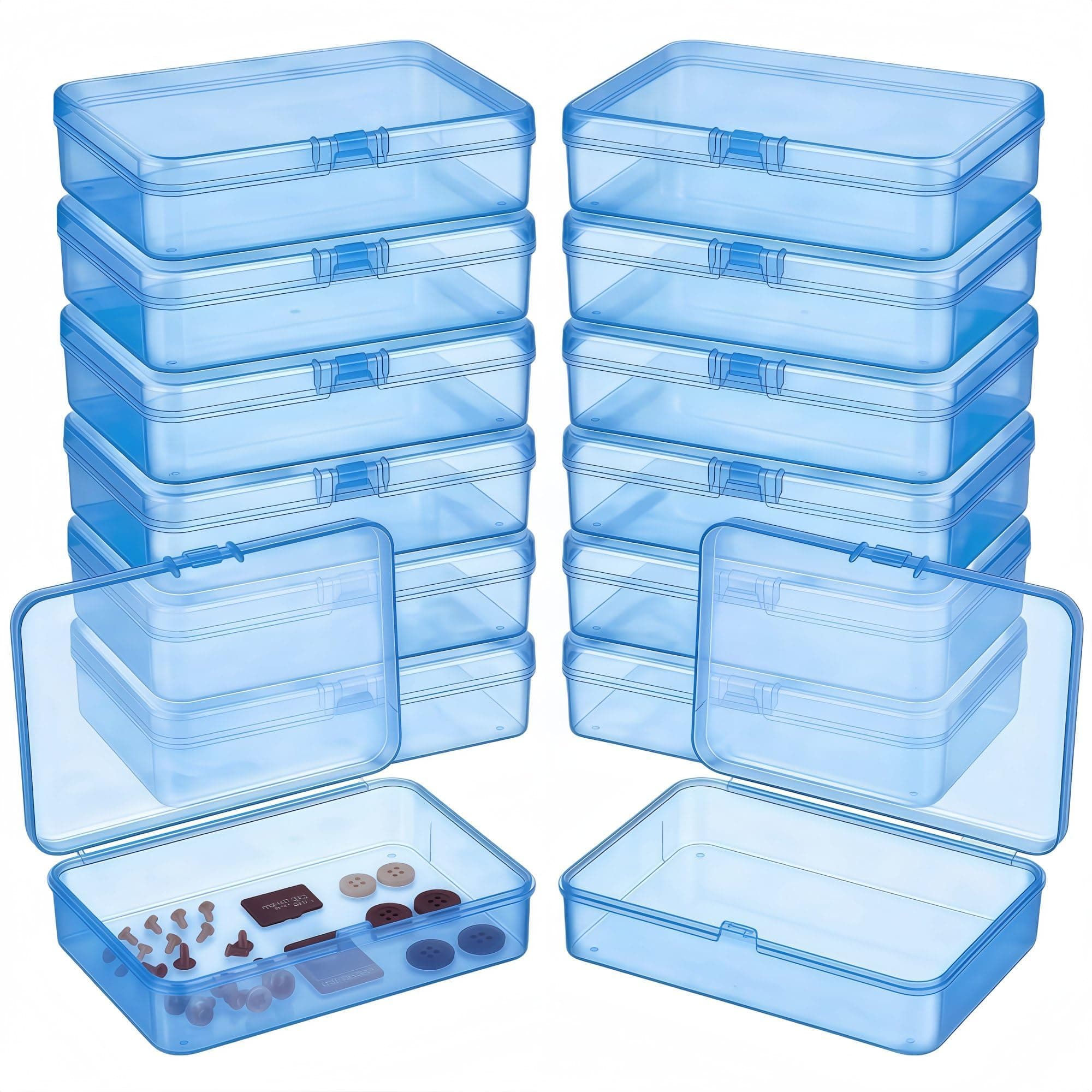 – 12 Pack Plastic Storage Boxes with Lids 11.5 x 8.5 x 2.8 cm – Blue Rectangular Small Containers for Diamond Art Accessories, Beads, Crafts and Hardware, Stackable Organiser Box Set
