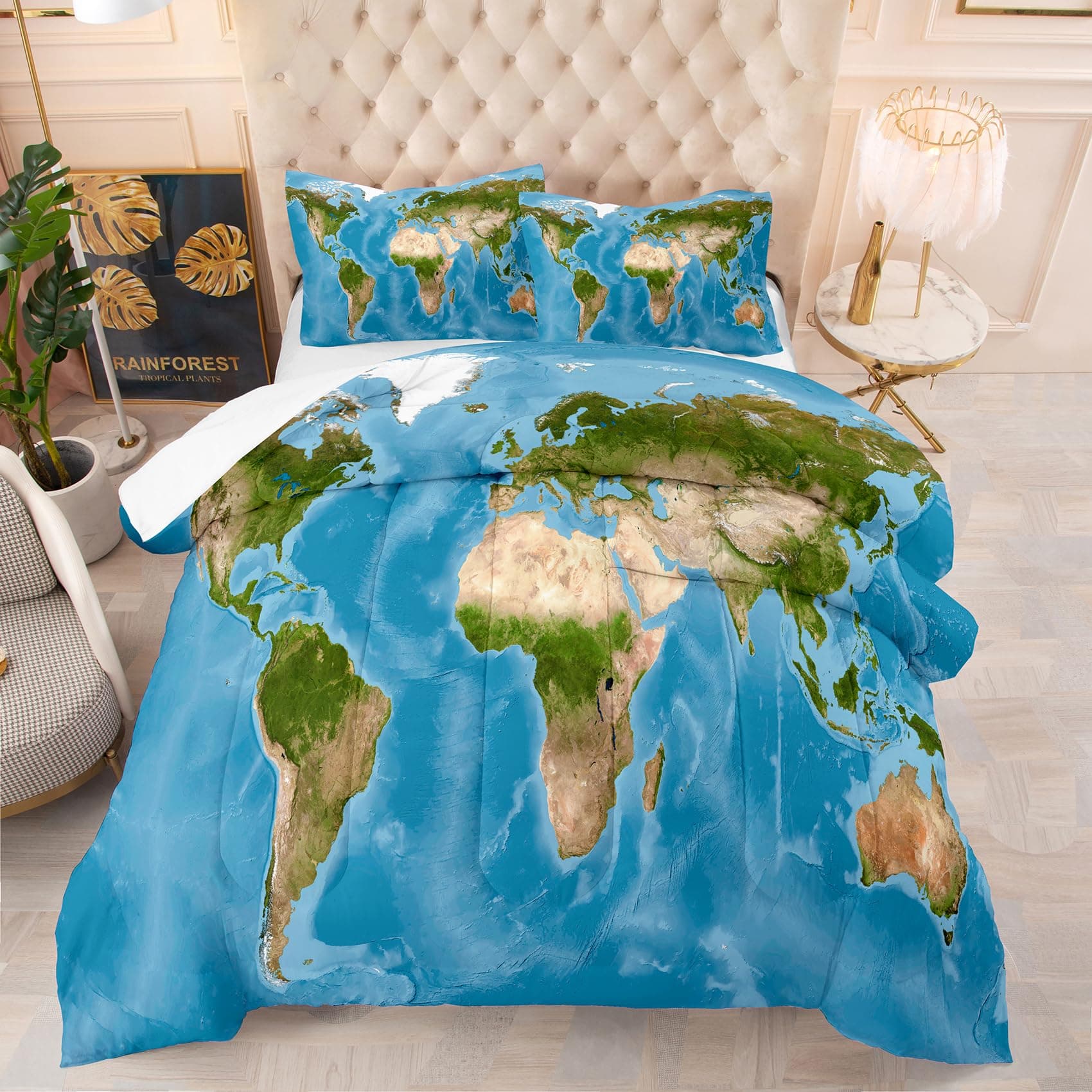 Tailor Shop World Map Comforter Set Twin Size, Blue Ocean World Map Bedding Set for Kids Boys Girls, Map of Various Countries Quilted Abstract Art Bedding Breathable Bedroom Decorwith 1 Pillowcase