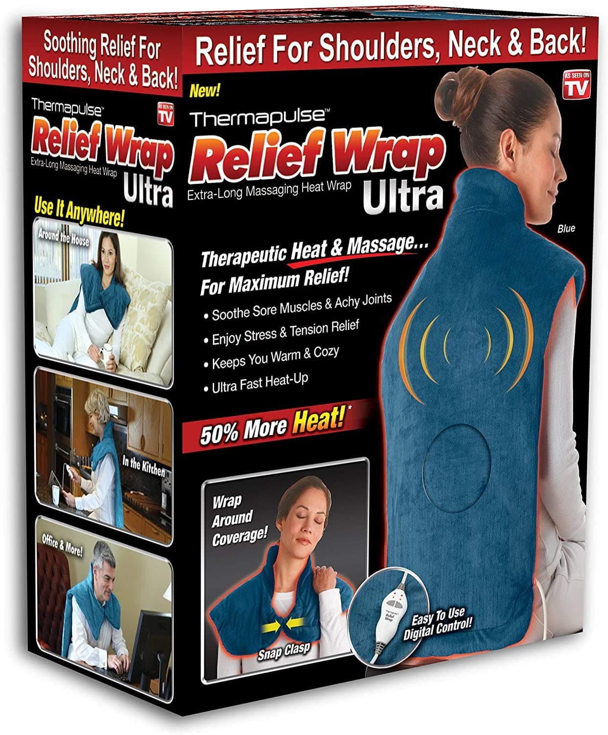 New Thermapulse Relief Wrap Ultra - Massage Heating Pad with Fast-Heating Technology, Heat Therapy Wrap with 4 Massage Setting,