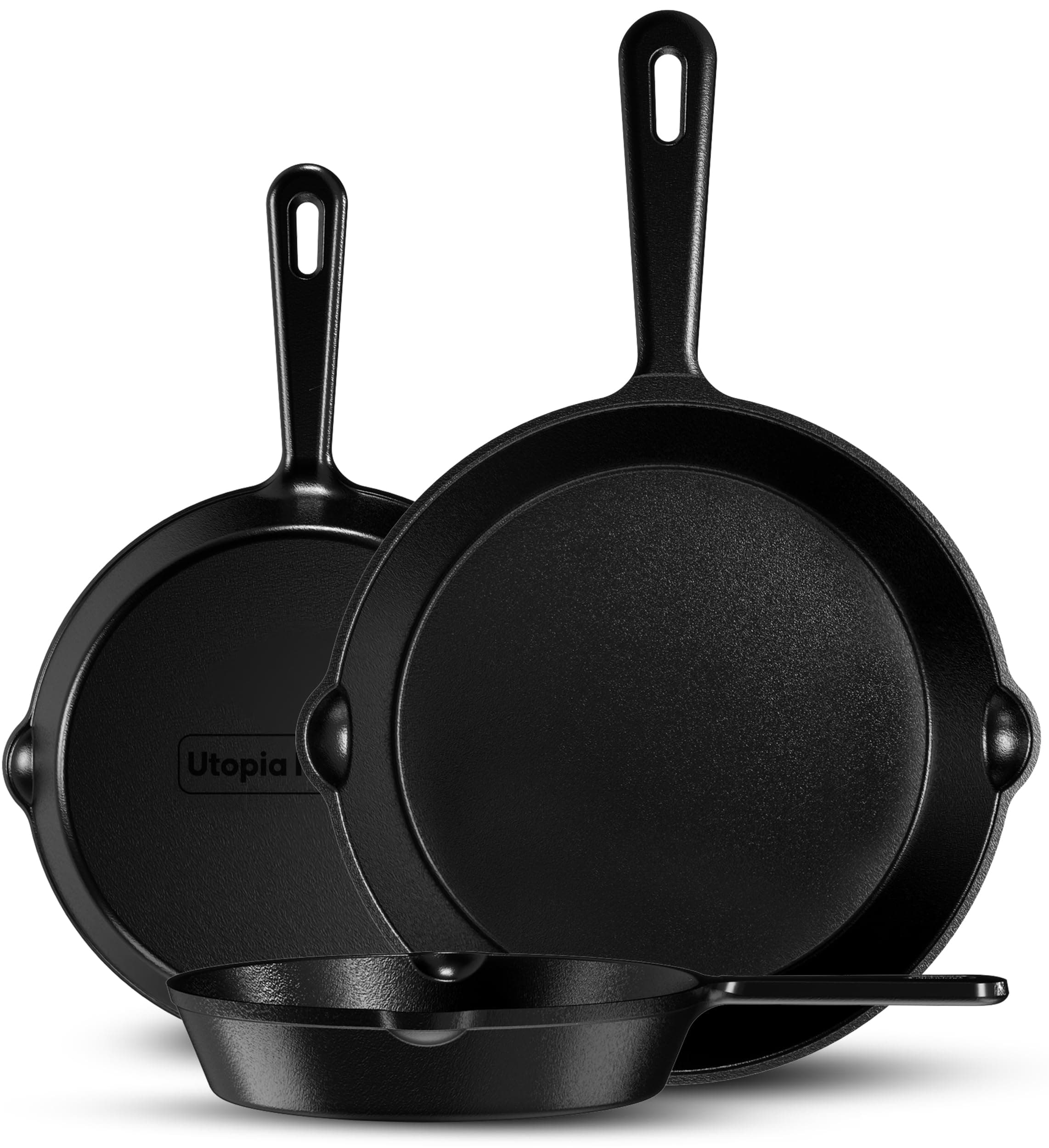 Utopia Kitchen Cast iron Skillets 3 Piece Set, Chefs Pan, Pre Seasoned Cast iron Skillets, 6, 8 & 10 Inches, Easy Use in the Oven, Stove, Grill, or Campfire, Black