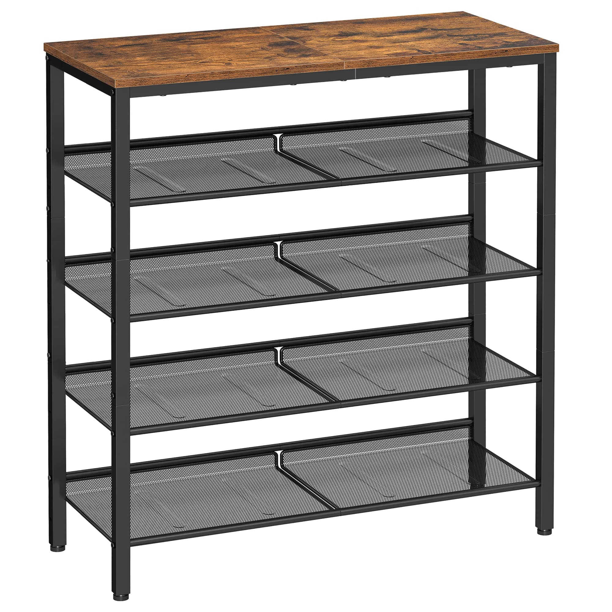 5-Layer Shoe Rack, High Shoe Storage with 4 Mesh Shelves and Large Top for Bags, Space Saving for Entrance, Hallway, Steel, Industry, Rustic Brown and Black LBS038B01