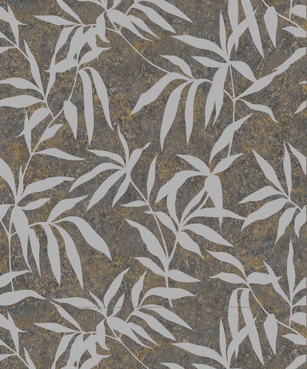 Crown Baylis Leaf Black Silver Effect Wallpaper M1018 - Metallic Marble Foliage