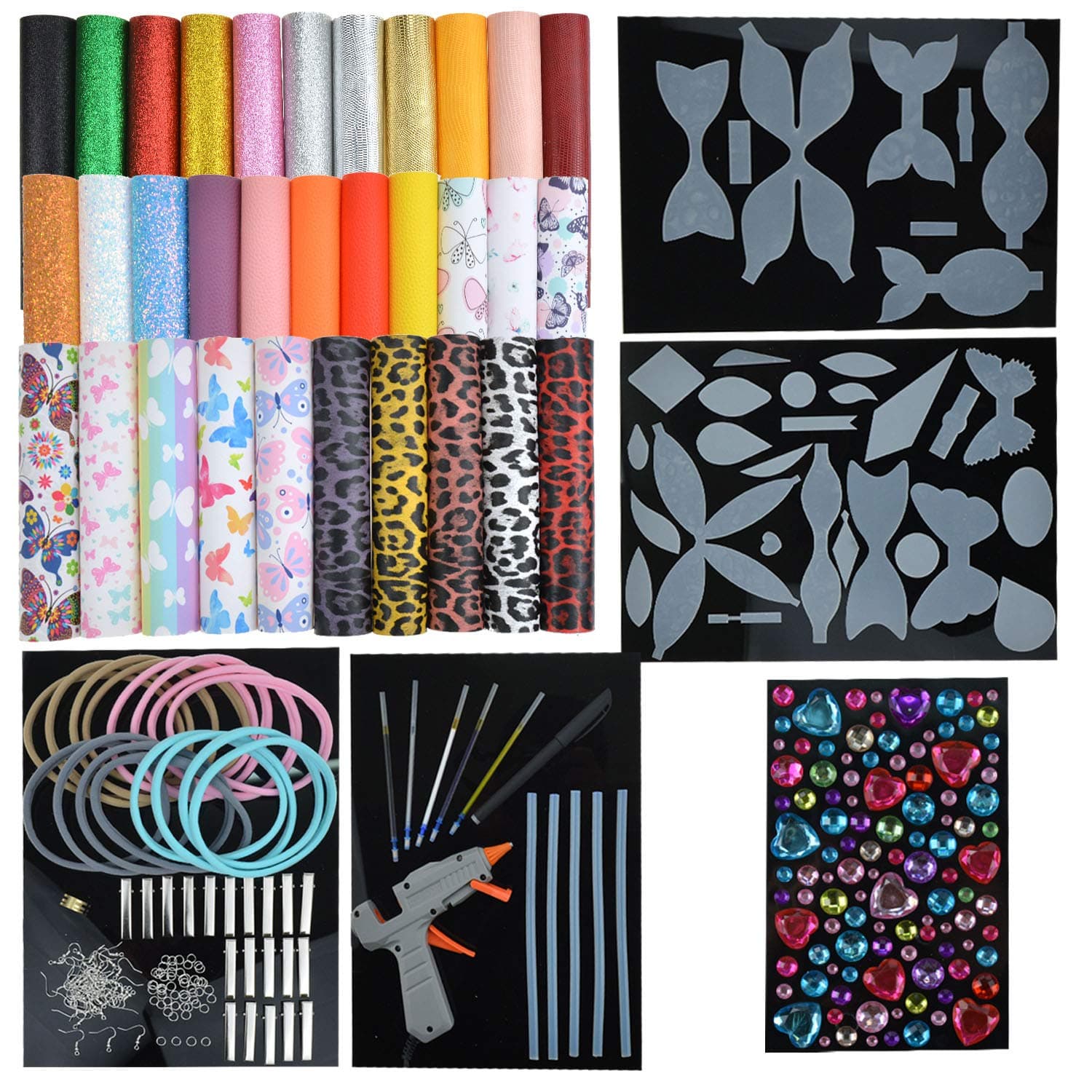 Leather Bow Earring Making Kit Include 6 Kinds Faux Leather Sheets Hair Clips Scissor Bow and Earring Template Hot Melt Glue Gun with Glue Stick Hair Ties Earring Backs and Hooks Diamond Stickers