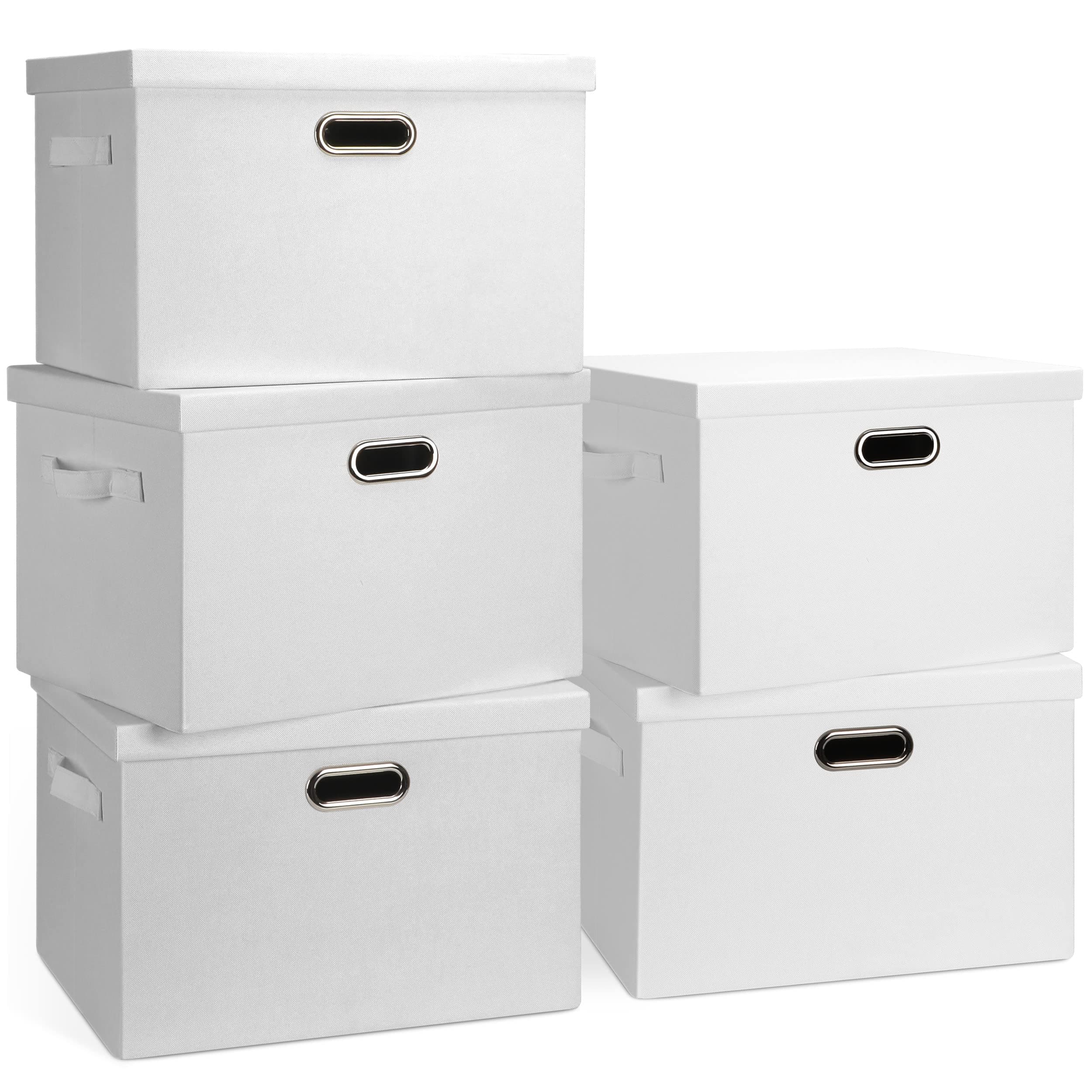 Large 17" 36 Quart Collapsible Stackable Storage Bins with Lids, 5 Packs White Linen Fabric Closet Boxes with Lids, Storage Cube Baskets Container Organizers for Bedroom Office(17 x12 x11)