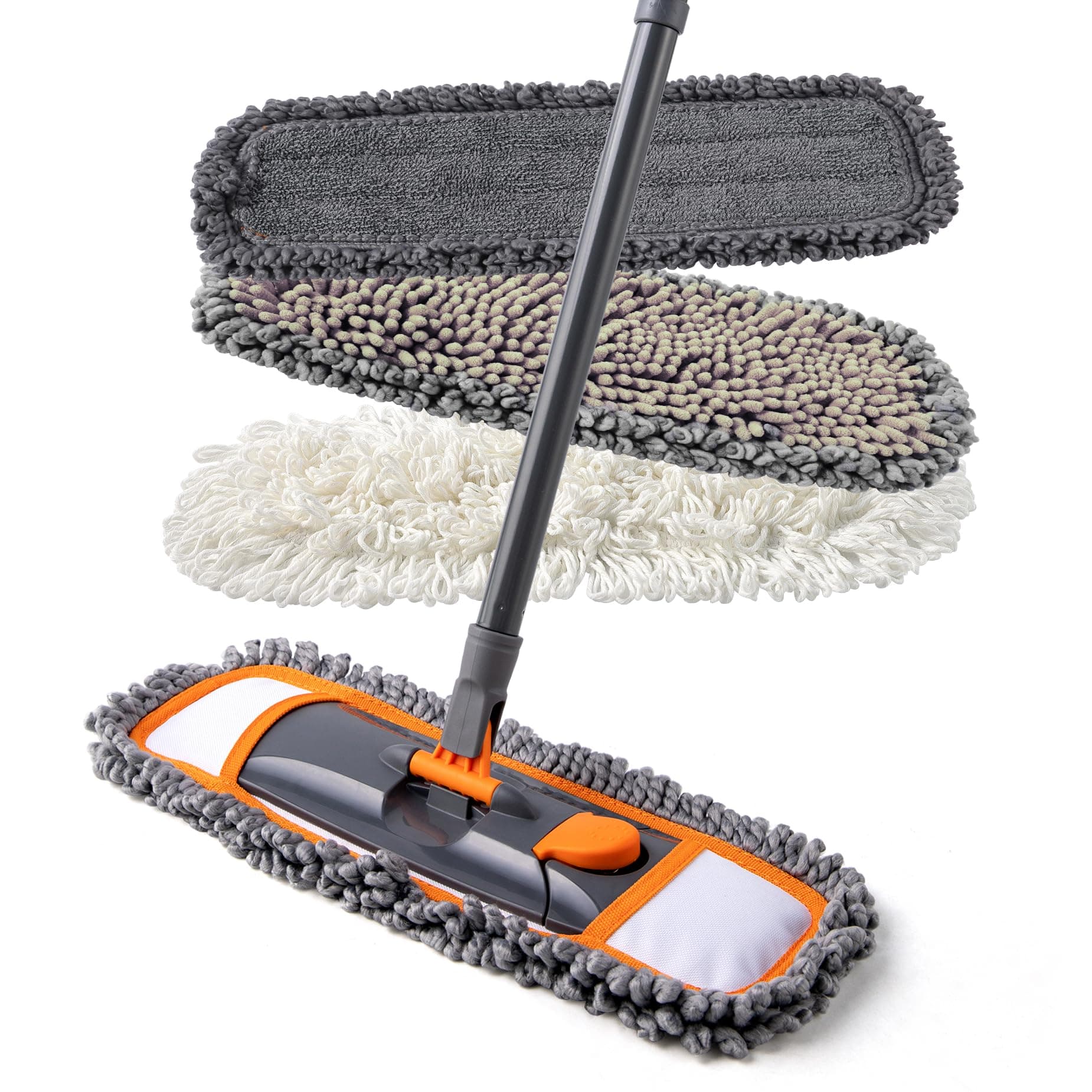 Mops for Floor Cleaning with 3 Different Washable Pads and Extendable 55” Long Handle, Multifunction Dust Mop for Hardwood,Marble,Tile Floor Mopping,Orange