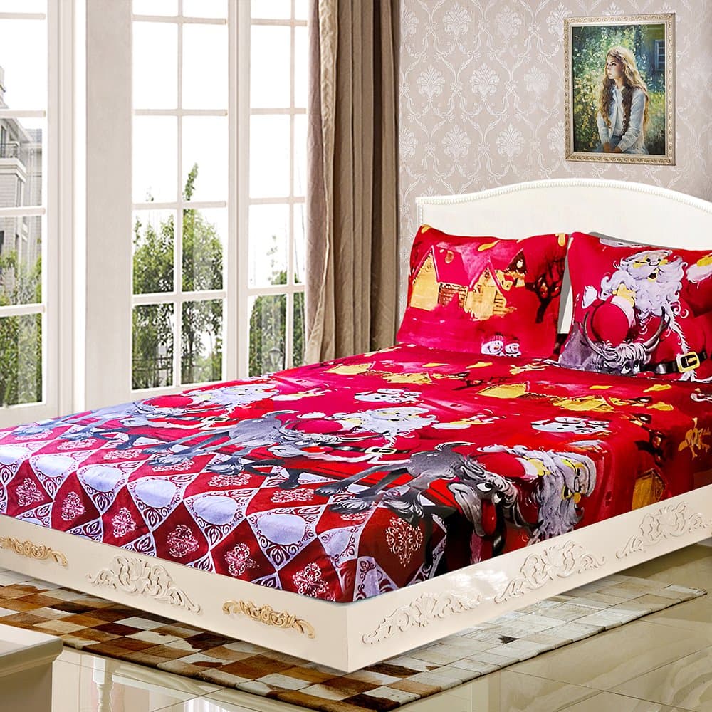 Anself 4PCS Christmas Bedding Sets, Bed Sheet + Fitted Sheet + Pillow case (King Size, Red)