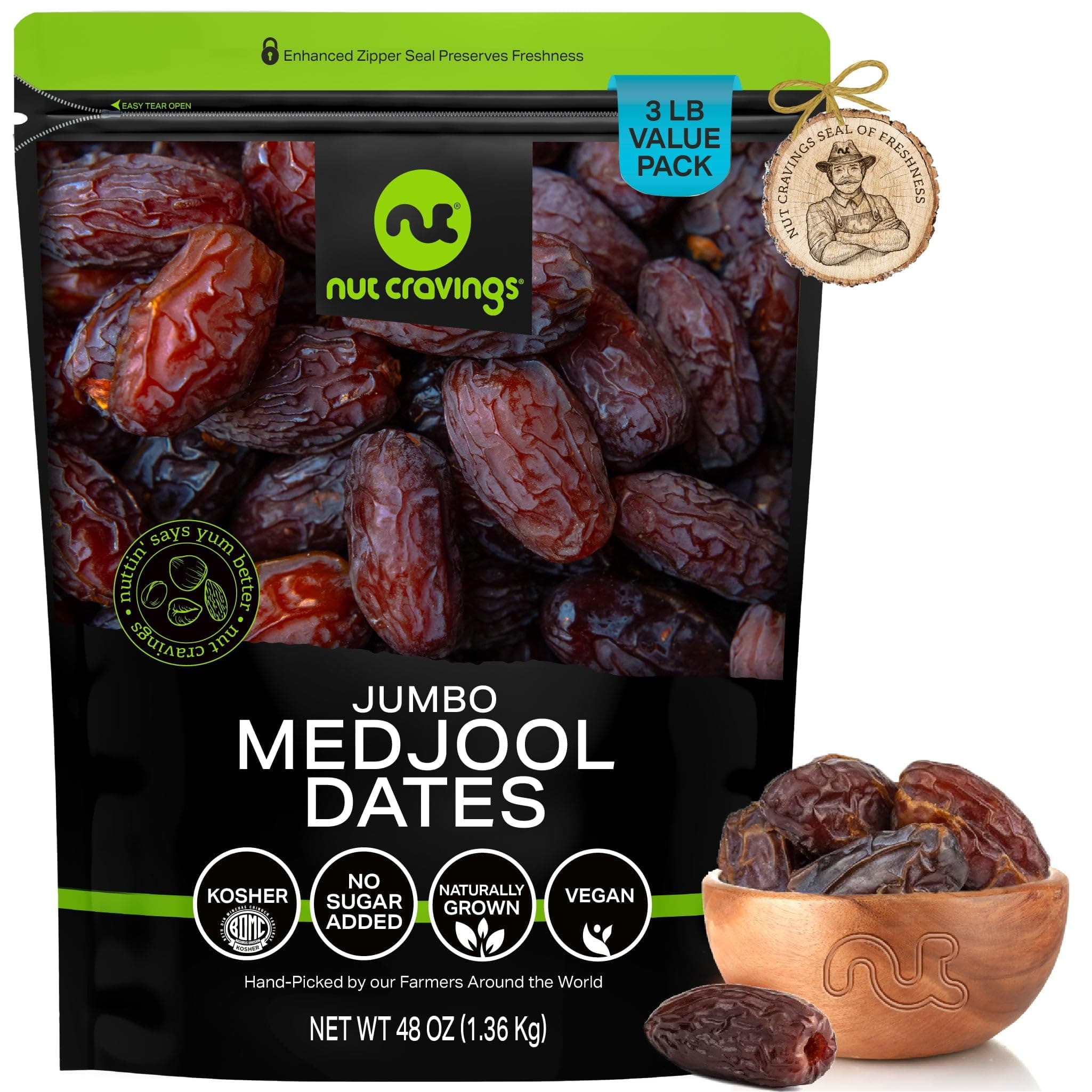 NUT CRAVINGS - Dried Jumbo Medjool Dates, No Sugar Added, Unsulphured (48oz, 3 LB) Sweet Healthy Snack, Vegan, Kosher, Resealable Bag