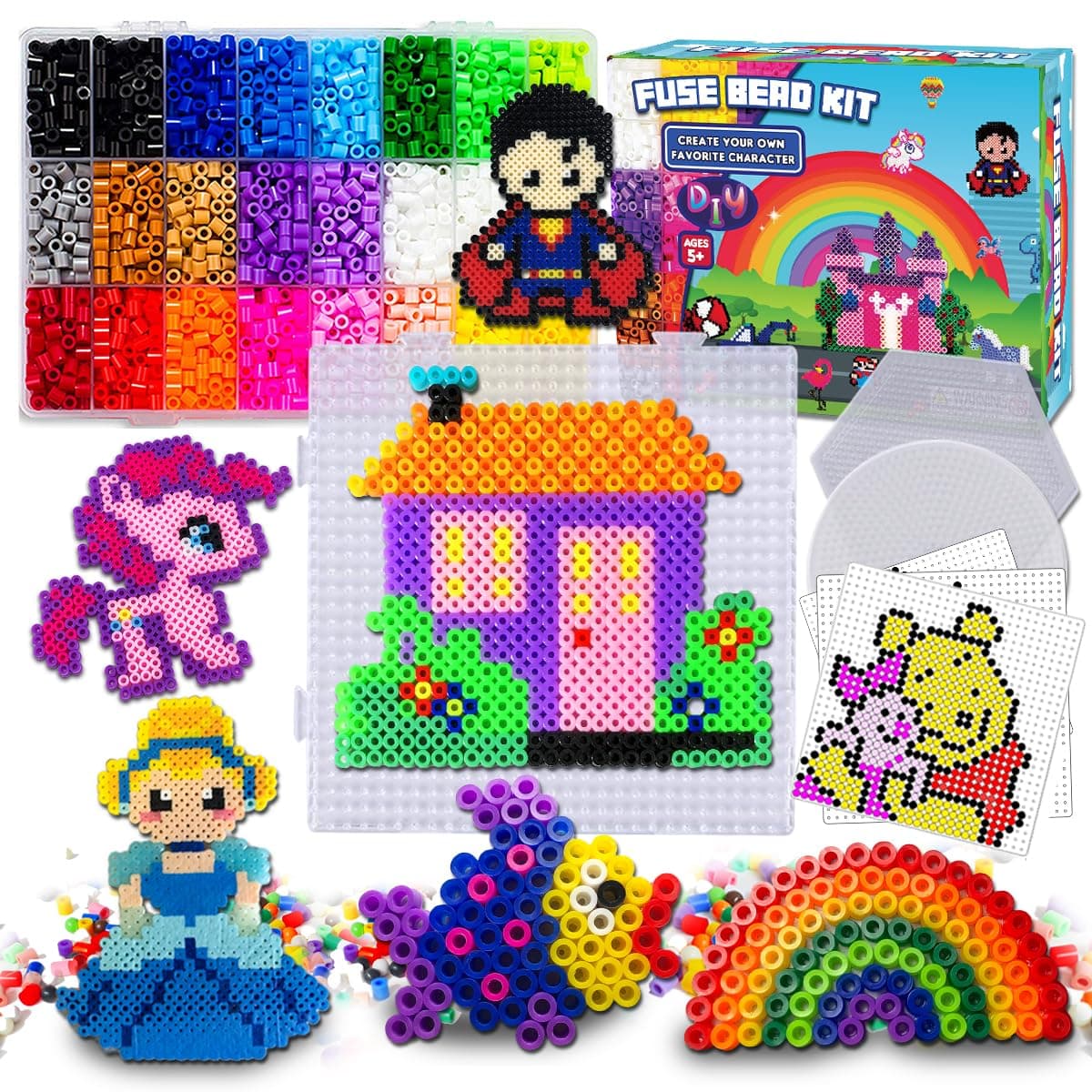 Fuse Beads Craft Kit - 5500PCS 5mm Bead 111 Patterns Melty Fusion Colored Beads Arts & Crafts Pearler Set 21 Different Color Brithdays Easter Gifts for Kids Girls Age 5 6 7