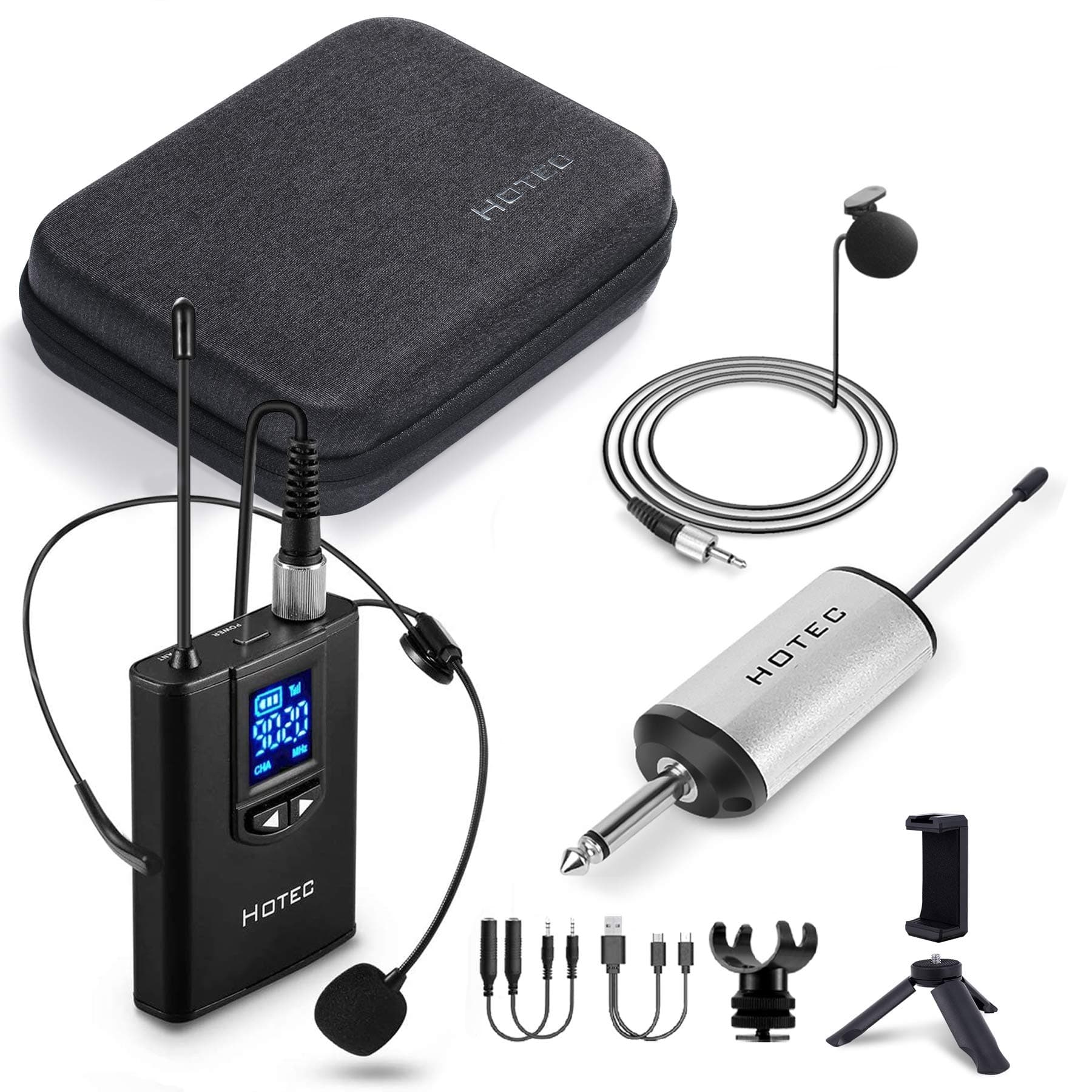 Hotec Wireless Lapel Lavalier and Headset Microphone System with Mini Rechargeable Receiver, for Recording and Live Performances