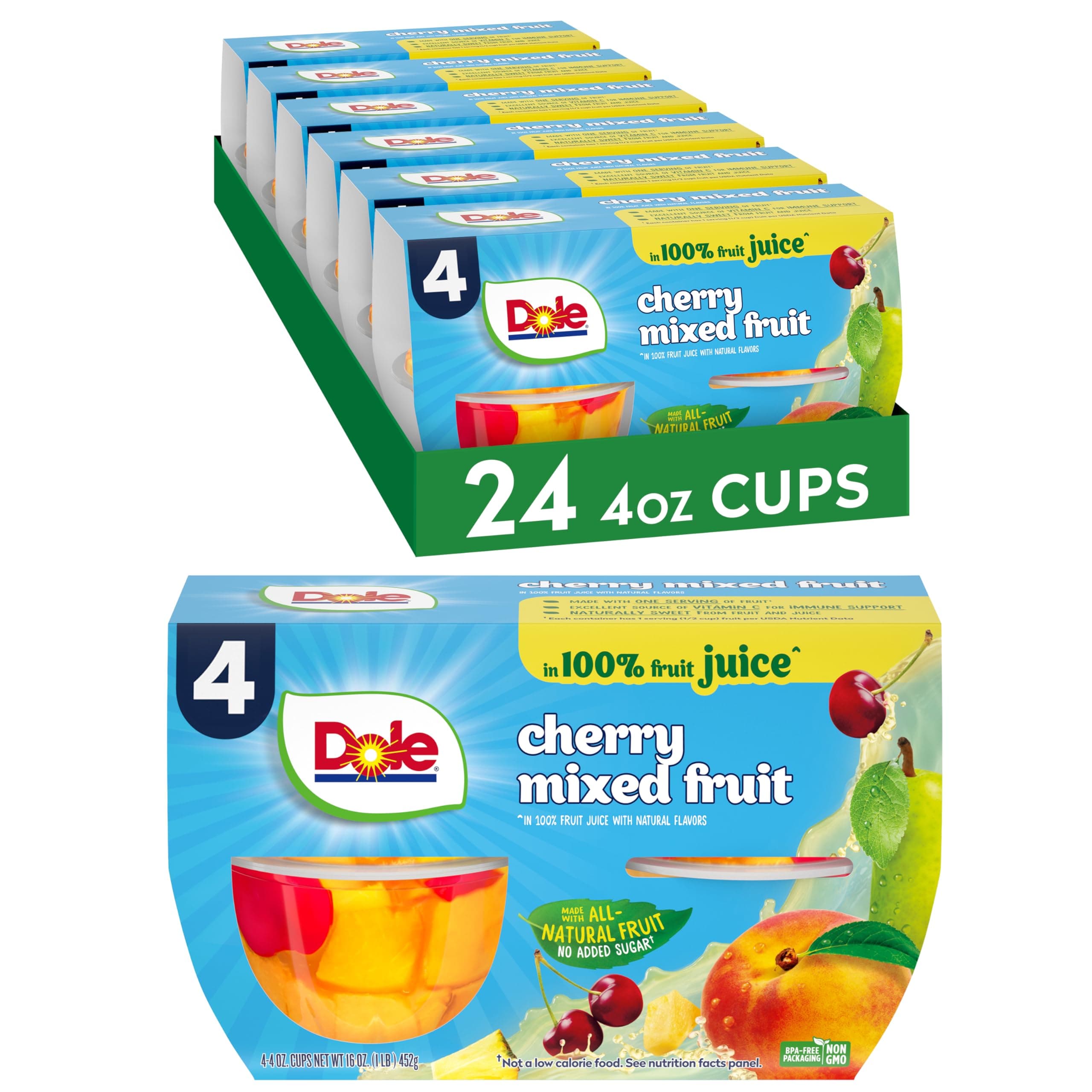 Dole Fruit Bowls Cherry Mixed Fruit in 100% Juice Snacks, 4oz 24 Total Cups, Gluten & Dairy Free, Bulk Lunch Snacks for Kids & Adults