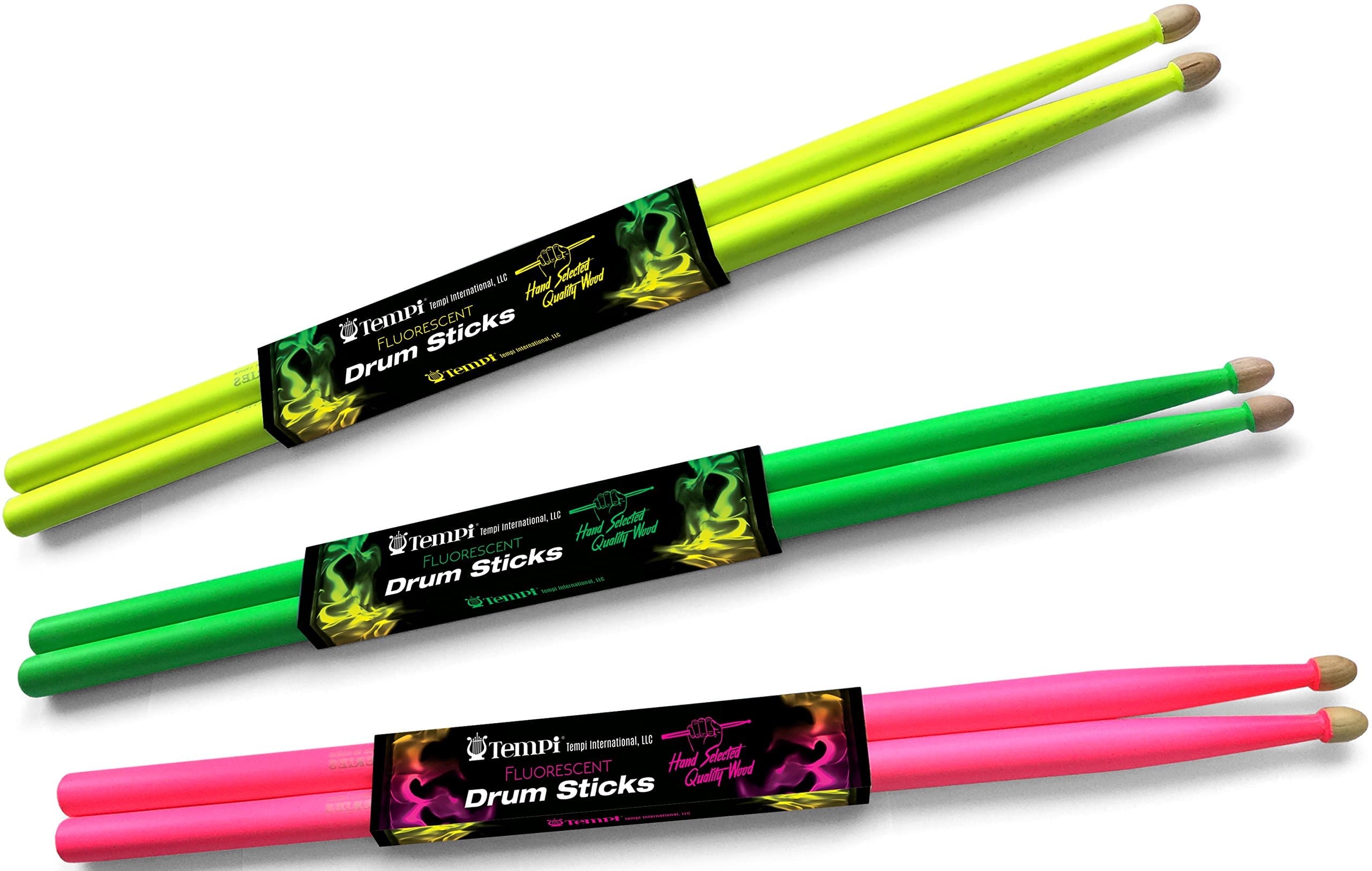Tempi Fluorescent Drum Sticks for Drummers American Hickory Size: 5A | 1 PAIR (Neon Yellow)