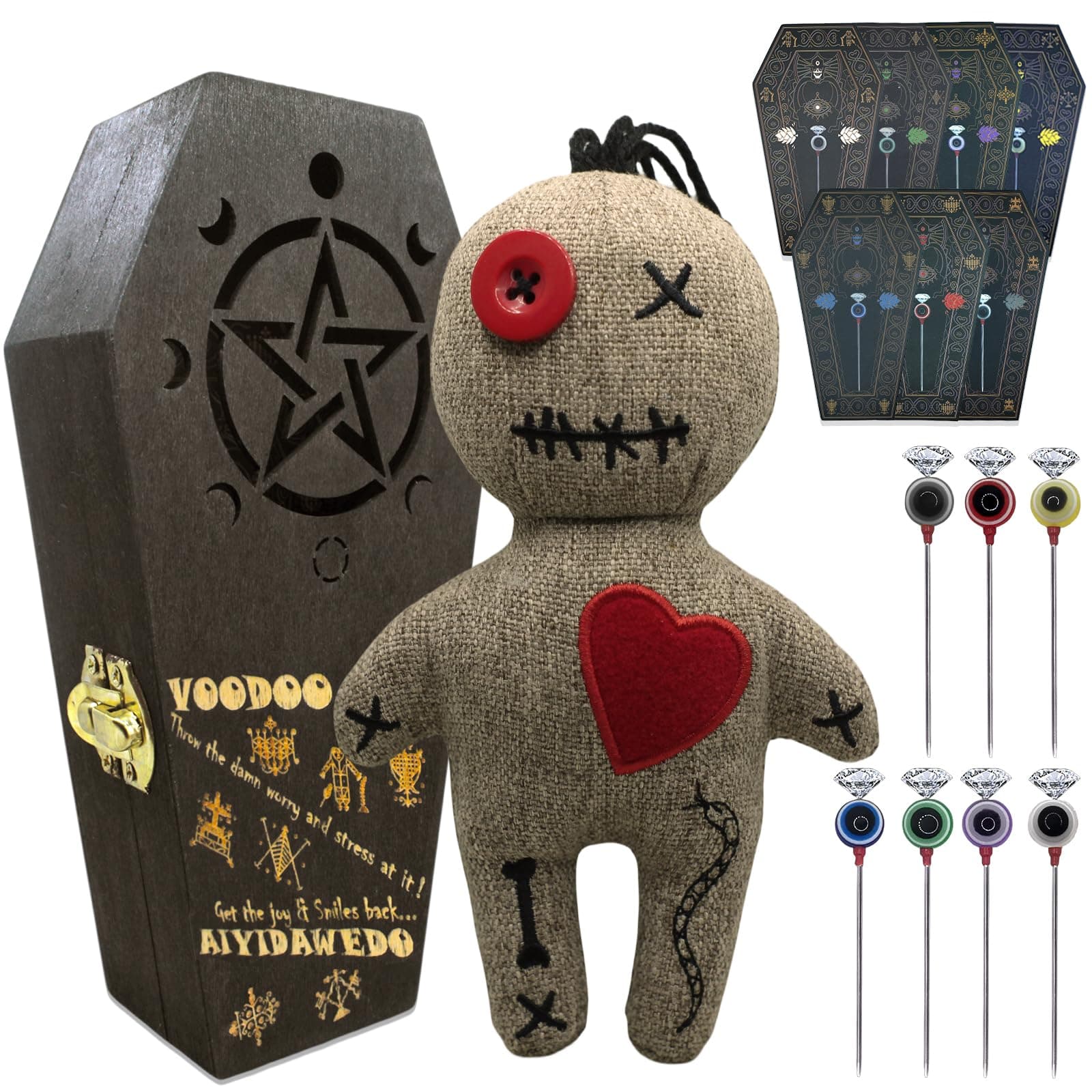 Authentic LOA Voodoo Doll Kit Include Spell Cards and Stress Relief Pins in Wooden Coffin Box - Gag Gift Complete Set