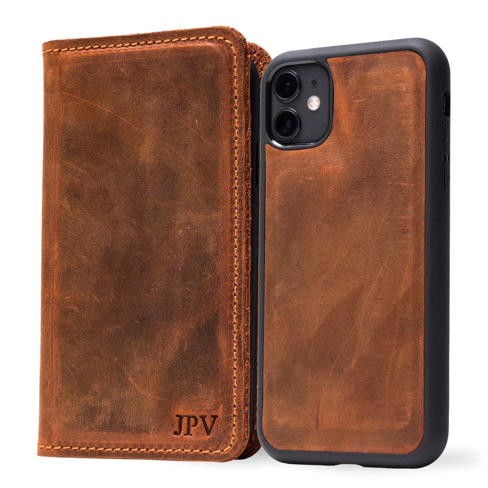 PEGAI Personalized Magnetic Distressed Leather iPhone Wallet Case - McLean (Mahogany, 11)