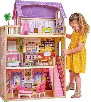 65092 Kayla Wooden Dolls House With Furniture And Accessories Included, 3 Storey Play Set For 30 cm /12 Inch Dolls