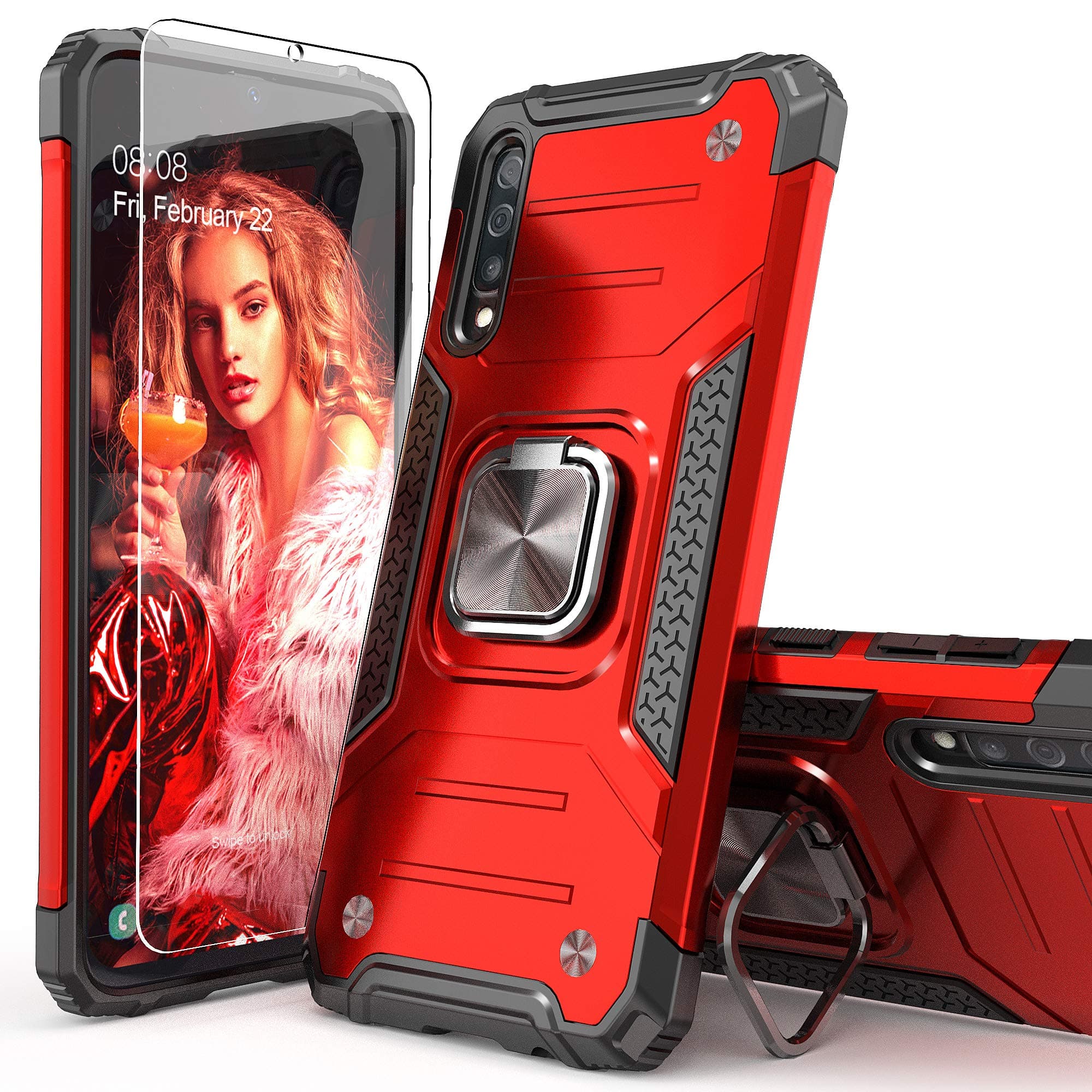 for Galaxy A50 Case with Screen Protector,Shockproof Drop Test Case with Car Mount Kickstand Lightweight Protective Cover for Galaxy A50/A30S/A50S,Red