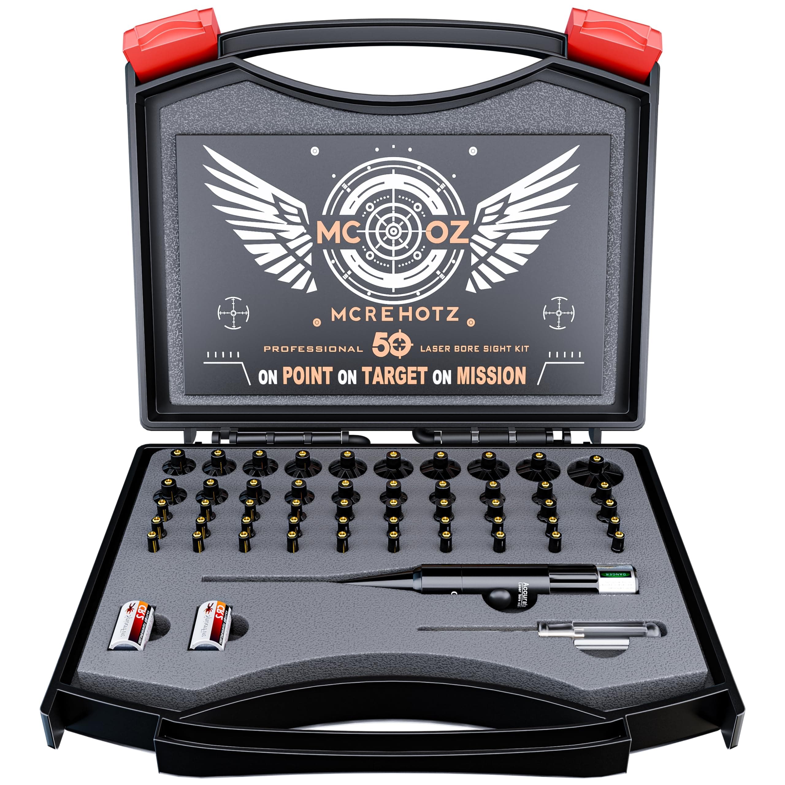 MCREHOTZ Professional Laser Bore Sighting Kit: Green or Red Bore Sight with 50 Adapters - Multiple Caliber Bore Sighter Perfectly Choice for All Gun - .17 Cal to 12GA Rifle Pistol Boresighter