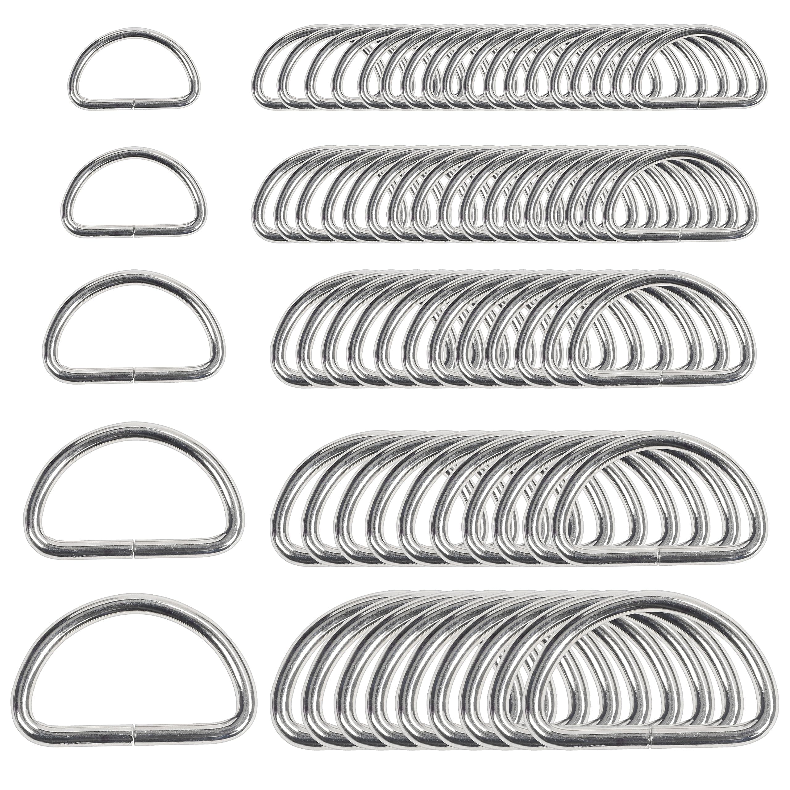 Belle Vous 120 Pack Silver Metal D Ring - Assorted Nickel Plated Semi-Circular Rings - Non-Welded Loop Buckles for Bag Webbing Strap, Dog Collars, Handbag Purse, Backpack & DIY Accessories
