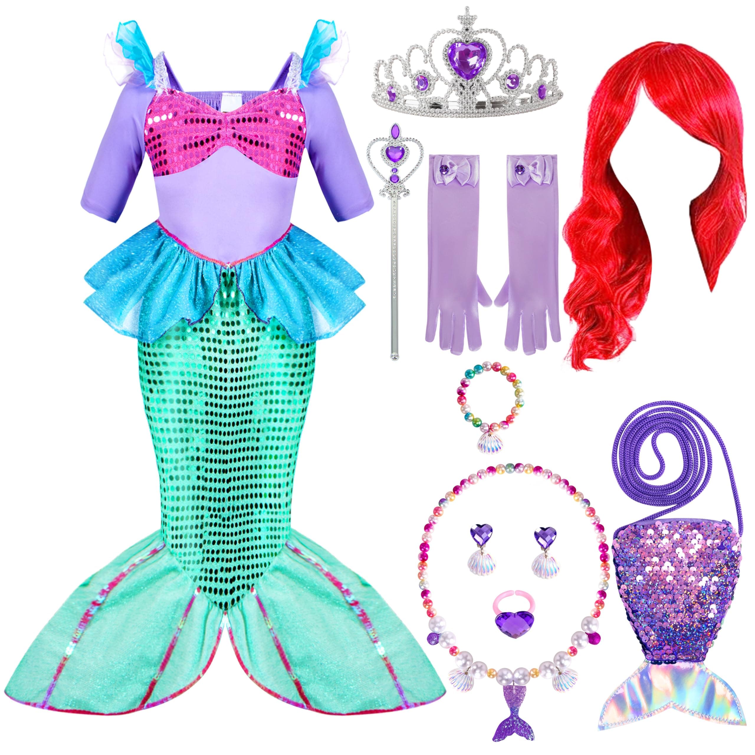 Spooktacular Creations Halloween Little Mermaid Costume for Girls, Sequin Mermaid Dress Set, Light Purple Princess Dress for Toddler Dress-Up, Cosplay Party (Small, 5-7 yrs)