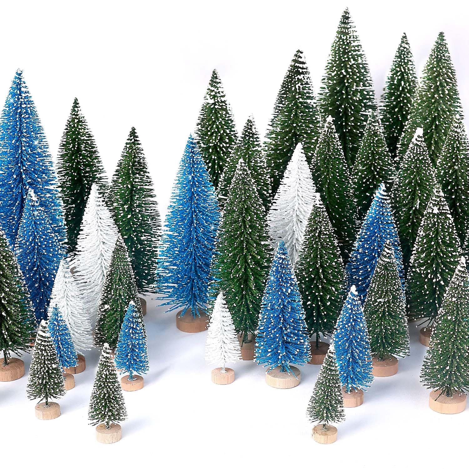 30Pcs Mini Christmas Trees Artificial Christmas Tree Bottle Brush Trees with Wooden Base for Christmas Decor Christmas Party Home Table Craft Decorations(Green+Blue+White)