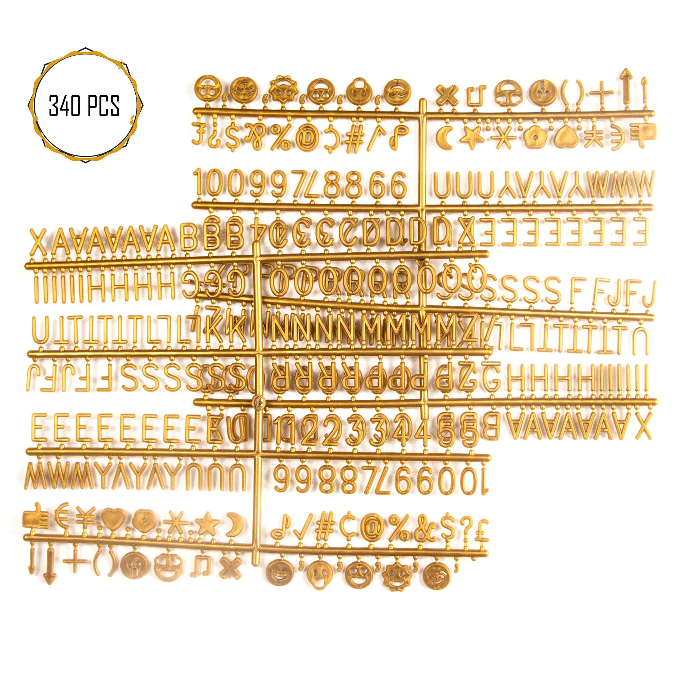 Woolous 340 Plastic Letter Board Letters 3/4 inch for Changeable Felt Letter Boards, Numbers & Symbols and Emojis for letterboard (Gold)