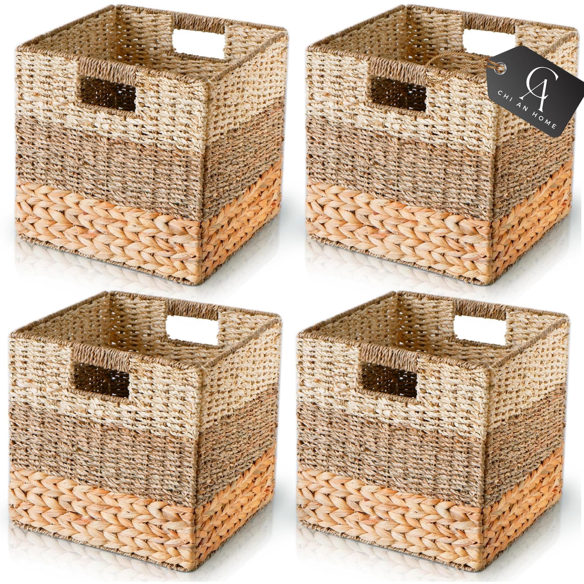 12x12 Storage Cube Bins Wicker Storage Basket for Cube Shelf, Natural Foldable Square Baskets for Storage, Large Woven Cube Storage Bin with Handle, Baskets for Pantry, Bedroom Set of 4