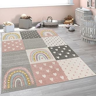 Paco Home Children's Rug Child's Room Girls Boys Various Motifs And Sizes, Size:133x190 cm, Colour: Cream Pink Grey