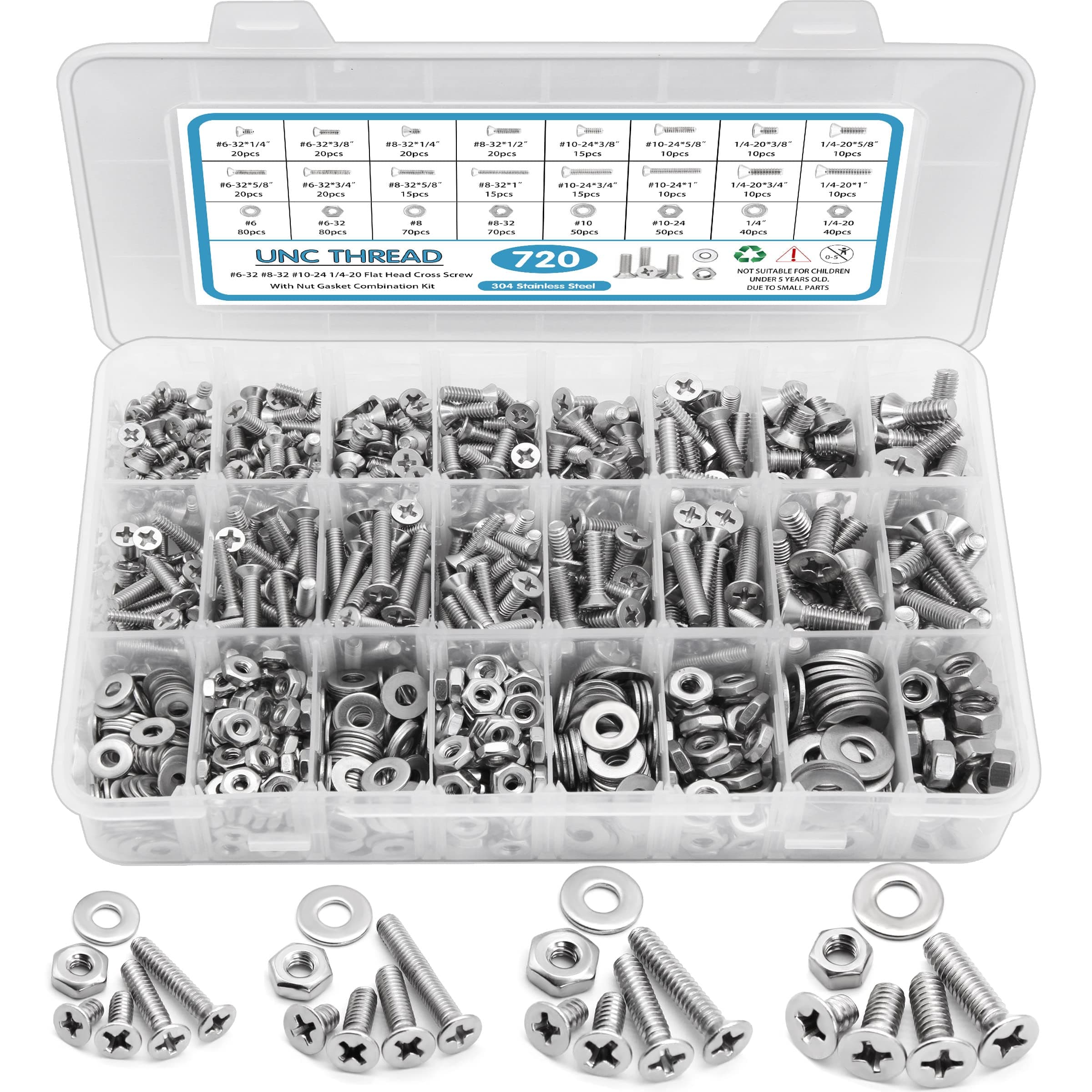 SATANTECH 720Pcs Nuts and Bolts Assortment Kit, Machine Screws, #6-32#8-32#10-24#1/4-20 Stainless Steel Screws Set, Phillips Flat Head 16 SAE Sizes Assorted Nuts Bolts Washers with Labeled Case
