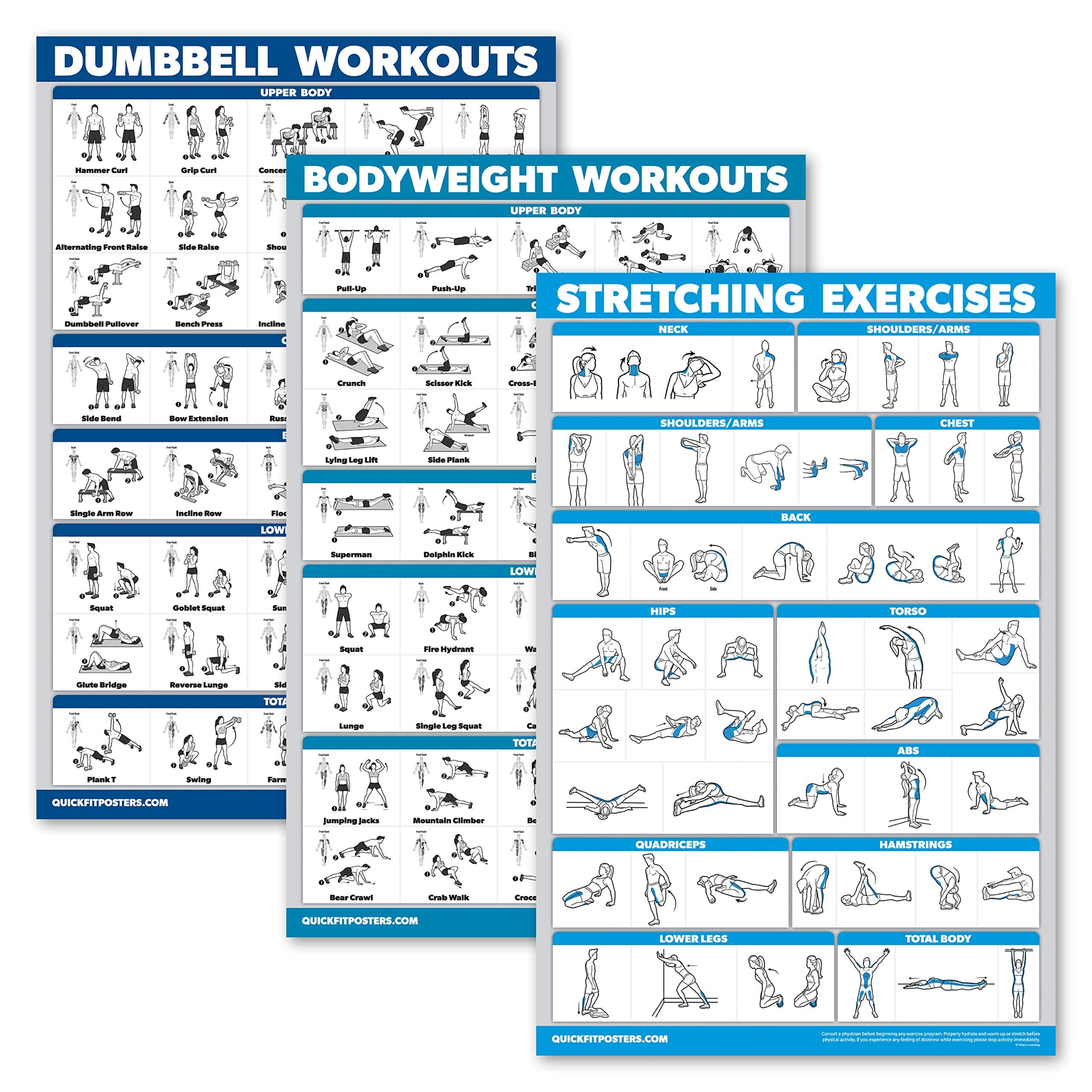 Palace Learning QuickFit 3 Pack, Dumbbell Workouts + Bodyweight Exercises + Stretching Routine Poster Set - Set of 3 Workout Charts (Laminated, 18" x 24")