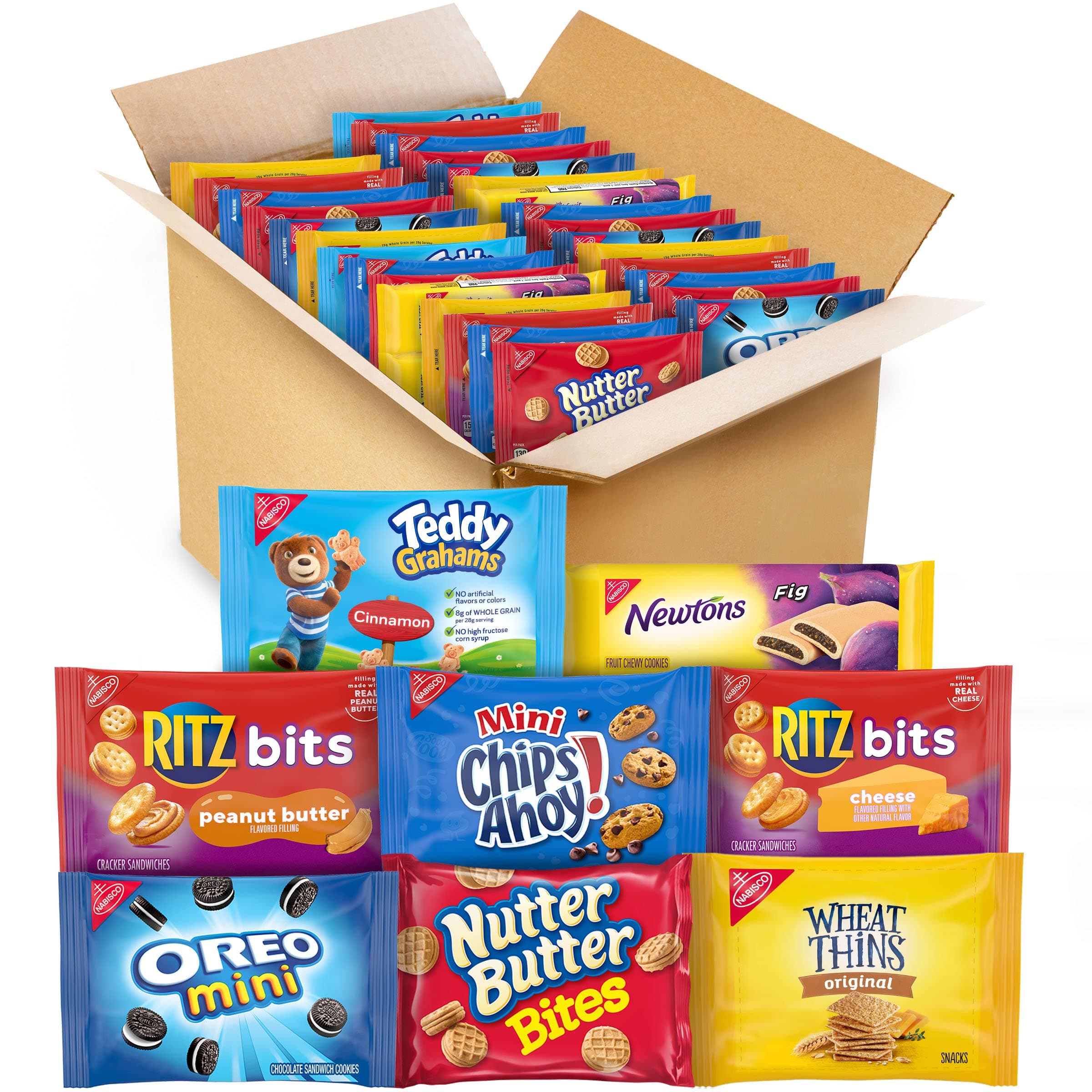 OREO Mini, CHIPS AHOY! Mini, Nutter Butter Bites, RITZ Bits Cheese, RITZ Bits Peanut Butter, Teddy Grahams Cinnamon, Wheat Thins, Fig Newtons, Cookies & Crackers Variety Pack Snack Box, 48 Snack Packs (assortment may vary)