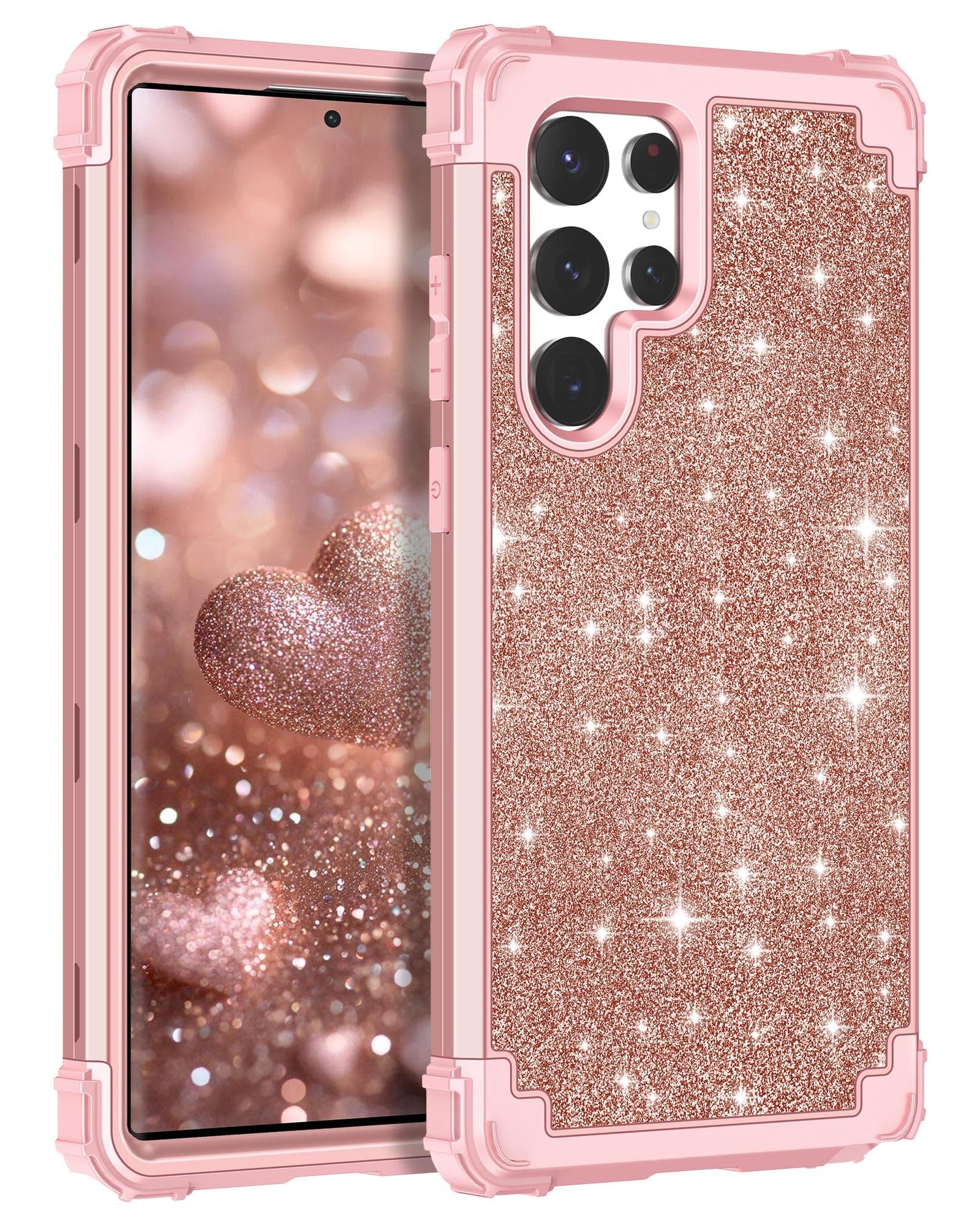 LONTECT for Galaxy S22 Ultra 5G Case Three-Layer Shockproof Heavy Duty Hybrid Sturdy High Impact Protective Cover Glitter Sparkly Bling Case for Samsung Galaxy S22 Ultra 5G 6.8 2022,Shiny Rose Gold