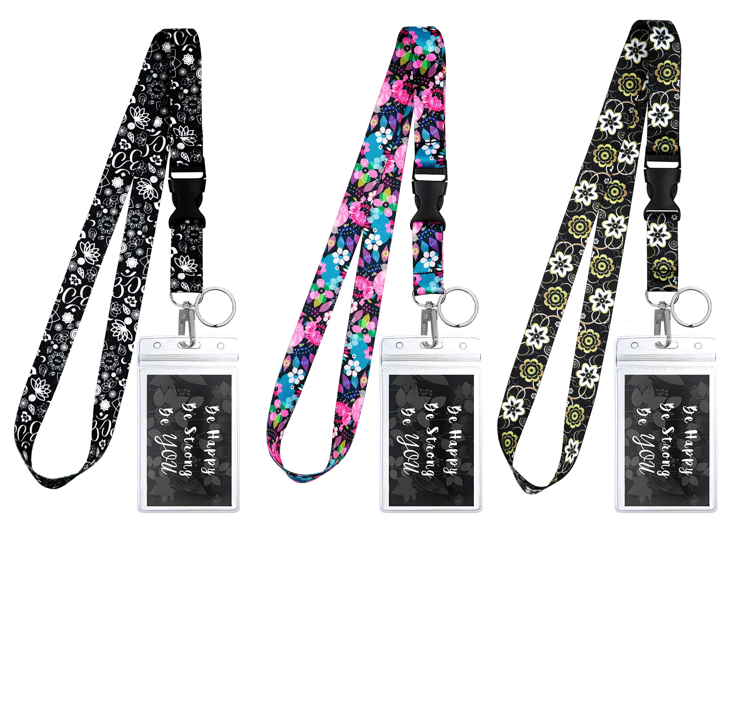 3-Pack Assorted Designs Lanyards with ID Holder & Key Ring for Keys, Cruise Ship Card, Teachers, Nurses. Waterproof Clear ID Badge Case. Essential Cruise Ship & Work Accessories. Floral Classics