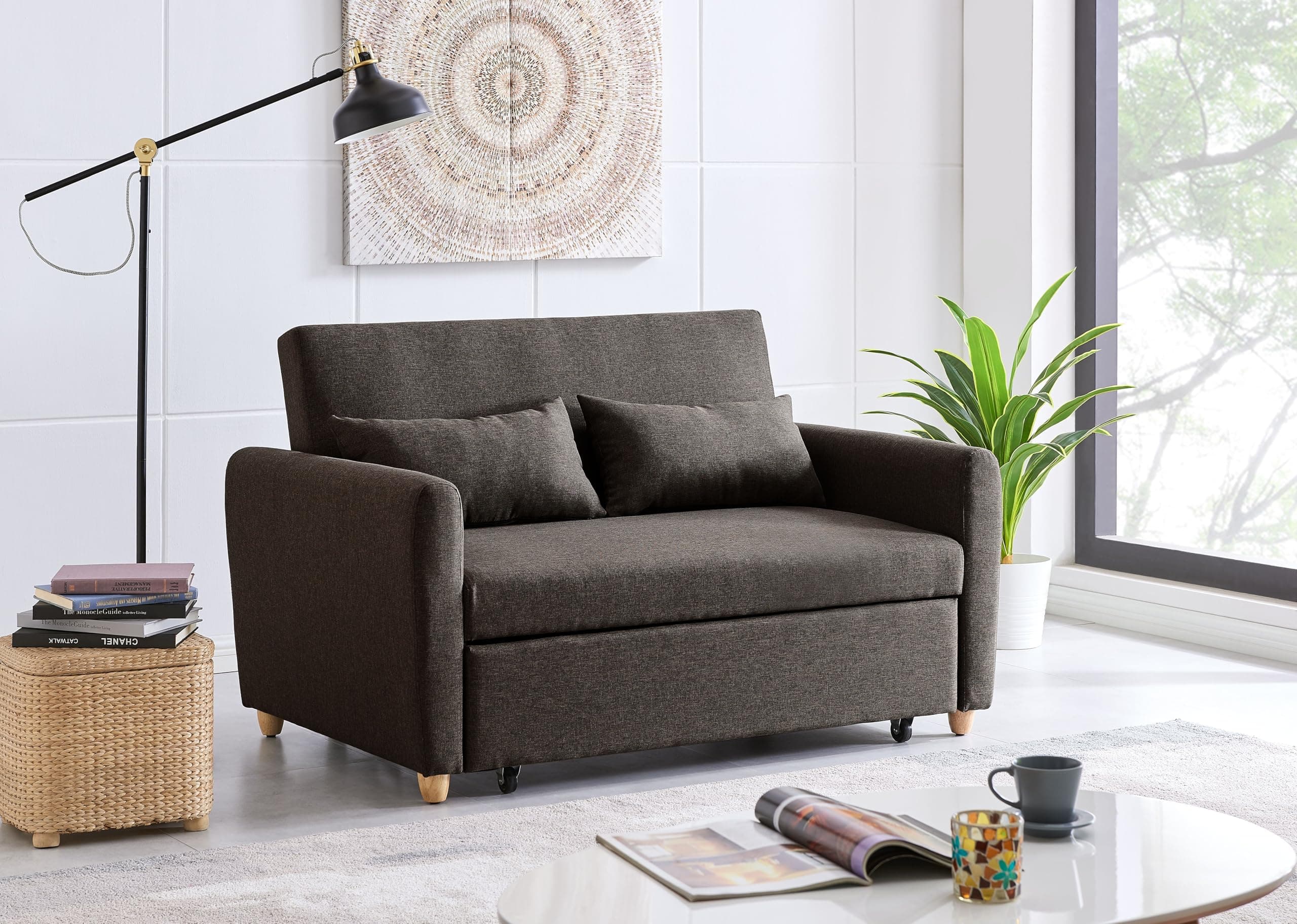 Bravich Dahlia Brown 2 Seater Pull Out Sofa Bed | Compact Double Sleeper Sofabed | Modern Linen Fabric Convertible Couch for Small Spaces, Living Room, Guest Room | 140cm